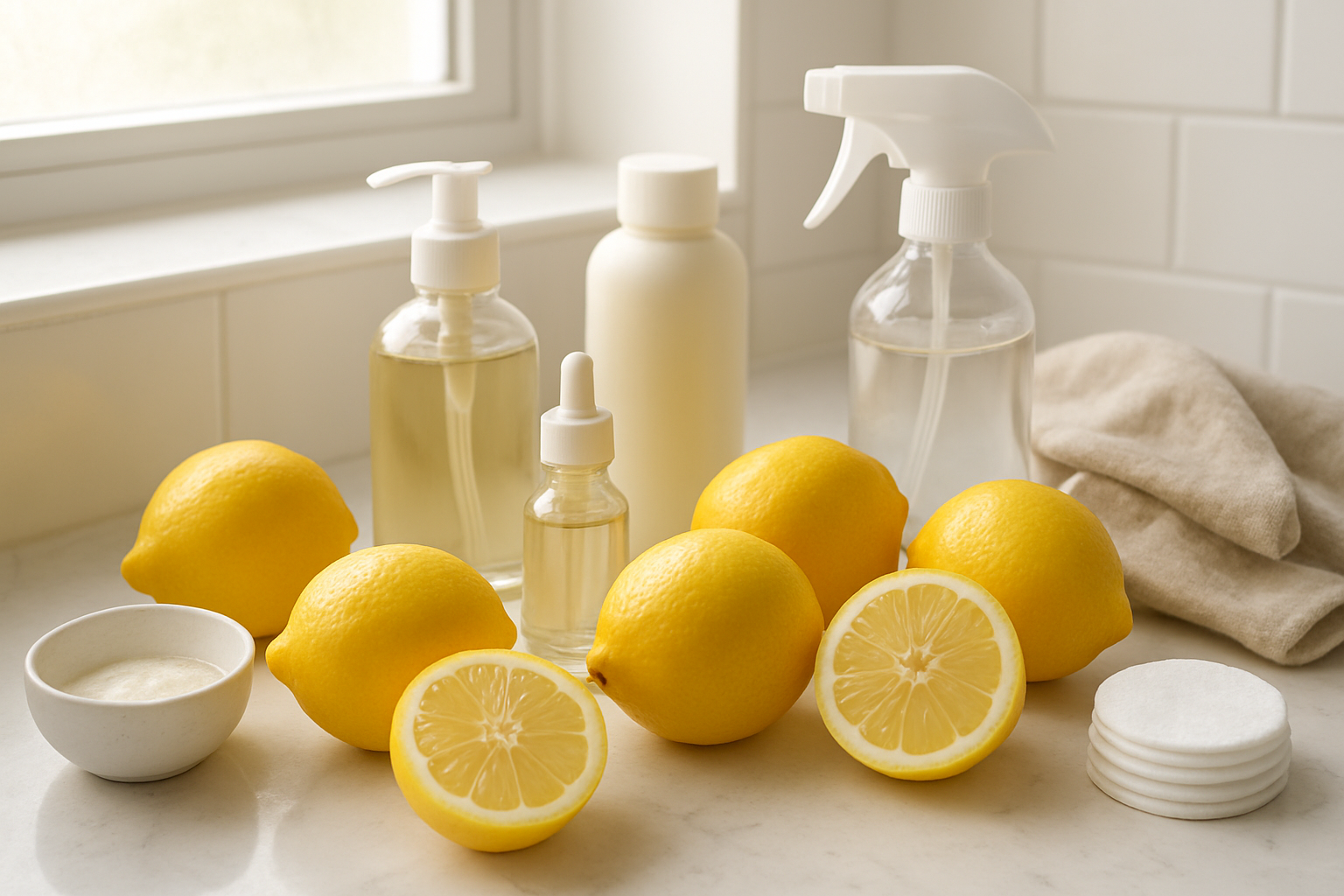 Create a realistic image of fresh lemons arranged on a bathroom vanity alongside beauty and household items including natural skincare products, cleaning supplies, a spray bottle, cotton pads, and a small bowl, with soft natural lighting from a window creating a clean and fresh atmosphere, showing the versatile uses of lemons beyond cooking, absolutely NO text should be in the scene.