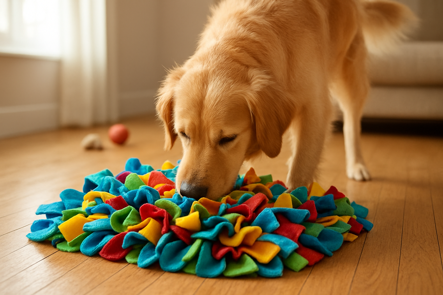 Create a realistic image of a colorful snuffle mat made of fleece strips in various bright colors like blue, green, yellow, and red, placed on a clean wooden floor with a happy golden retriever dog actively sniffing and foraging through the mat strips with its nose buried in the fabric, natural daylight streaming through a nearby window creating soft lighting, cozy indoor home environment with a few scattered dog toys in the background, the dog's tail wagging showing engagement and mental stimulation, close-up perspective showing the texture and detail of the fleece strips and the dog's concentrated expression, absolutely NO text should be in the scene.