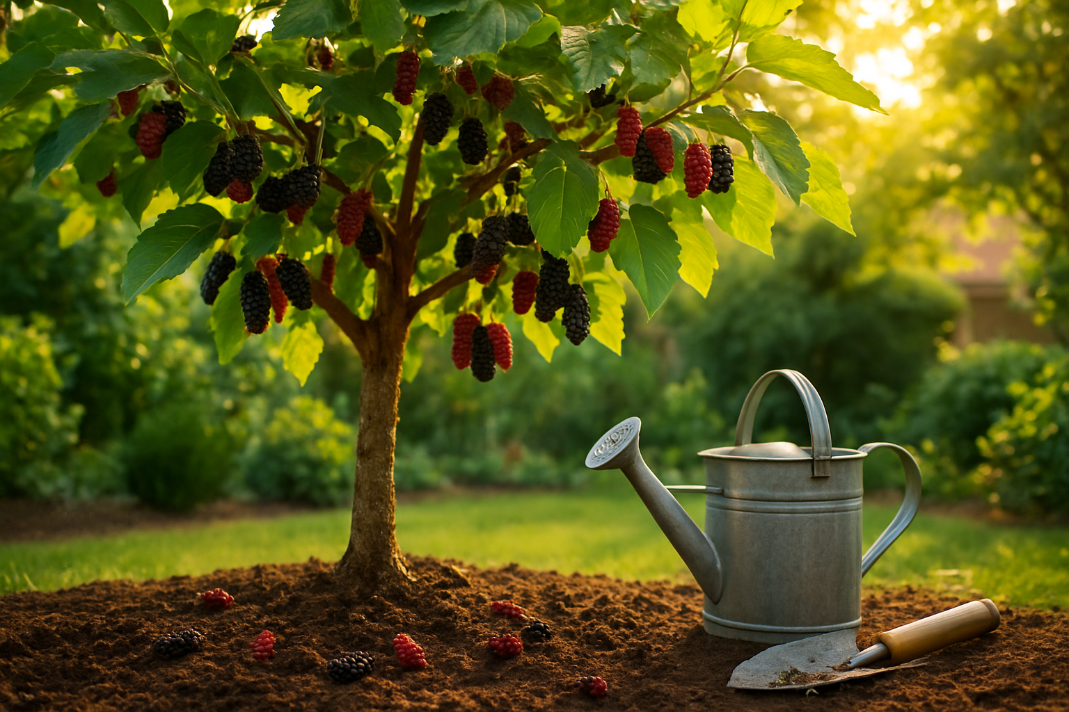 Create a realistic image of a thriving mulberry tree in a well-maintained home garden setting, with dark purple and red ripe mulberries hanging from healthy green branches, rich soil at the base with some fallen mulberries scattered on the ground, gardening tools like a small shovel and watering can nearby, lush green foliage creating natural shade, warm golden hour lighting filtering through the leaves, and a peaceful residential backyard atmosphere with other garden plants visible in the soft-focused background, absolutely NO text should be in the scene.
