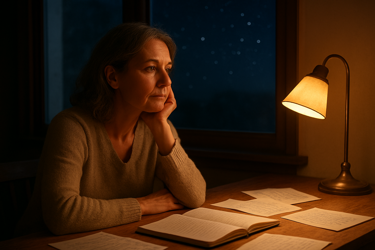 Create a realistic image of a thoughtful middle-aged white woman sitting at a wooden desk by a window, gazing contemplatively outside with her chin resting on her hand, surrounded by scattered handwritten notes and an open journal, with soft natural lighting streaming through the window creating a reflective atmosphere, and in the background a blurred view of a starry night sky symbolizing infinite possibilities, with warm ambient lighting from a desk lamp creating an intimate introspective mood, absolutely NO text should be in the scene.