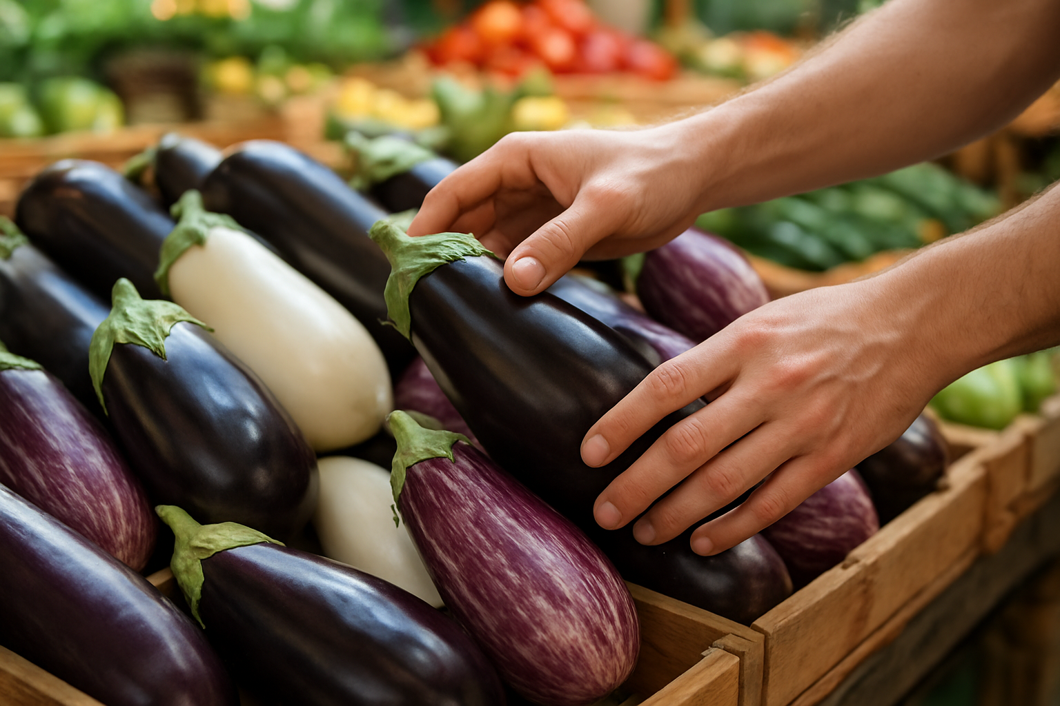 Create a realistic image of a person's hands carefully examining and selecting fresh eggplants at a grocery store or farmer's market, showing various eggplants of different sizes and colors including deep purple, white, and striped varieties arranged in wooden crates or baskets, with the hands gently pressing one eggplant to test firmness, bright natural lighting illuminating the glossy skin of the vegetables, market stall environment with other fresh produce visible in soft focus background, absolutely NO text should be in the scene.