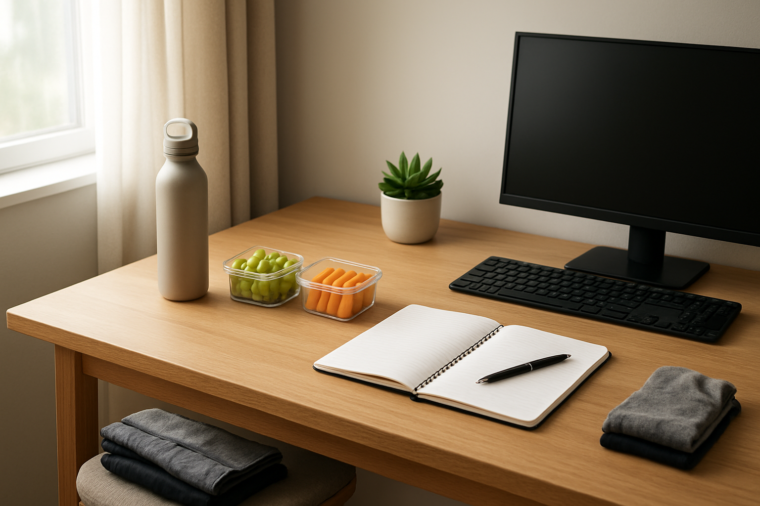 Create a realistic image of a well-organized home office workspace designed for productivity with a clean wooden desk featuring neatly arranged items including a water bottle, healthy snacks in small containers, a notebook with a pen placed beside it, a small potted plant, and workout clothes folded on a nearby chair, with natural lighting streaming through a window, soft neutral colors creating a calm and motivating atmosphere, and everything positioned strategically to encourage positive habits, absolutely NO text should be in the scene.