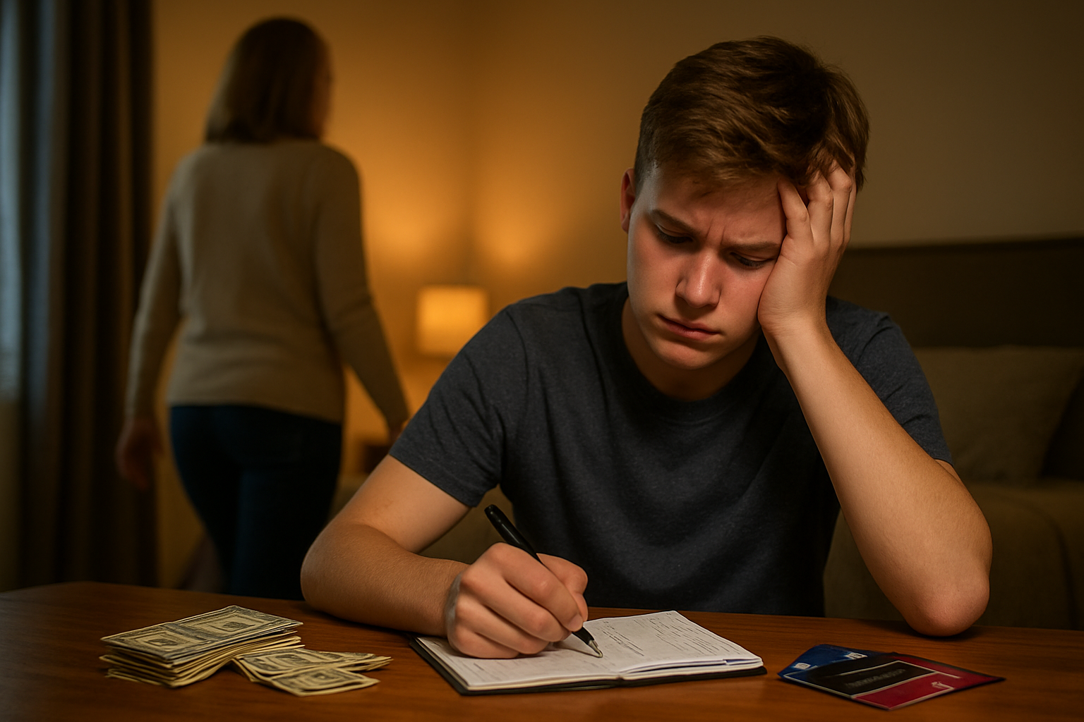 Create a realistic image of a young white male teenager sitting at a desk looking frustrated while trying to balance a checkbook or budget sheet, with a pile of cash and credit cards carelessly scattered nearby that appear to have been given to him, while in the background a white female parent is walking away after handing over money, the scene is set in a modern bedroom with warm lighting that creates a contemplative mood showing the contrast between easy money and the difficulty of learning financial responsibility, absolutely NO text should be in the scene.