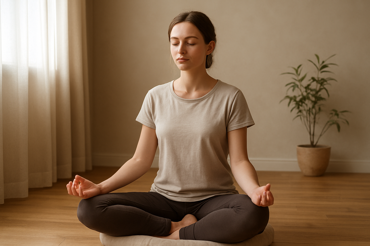 Create a realistic image of a peaceful young white female sitting cross-legged in lotus position on a meditation cushion with her eyes gently closed and hands resting on her knees, focusing on her breath with a serene expression, set in a minimalist indoor space with soft natural lighting filtering through a window, featuring warm neutral tones, a wooden floor, and subtle plants in the background creating a calm meditative atmosphere. Absolutely NO text should be in the scene.