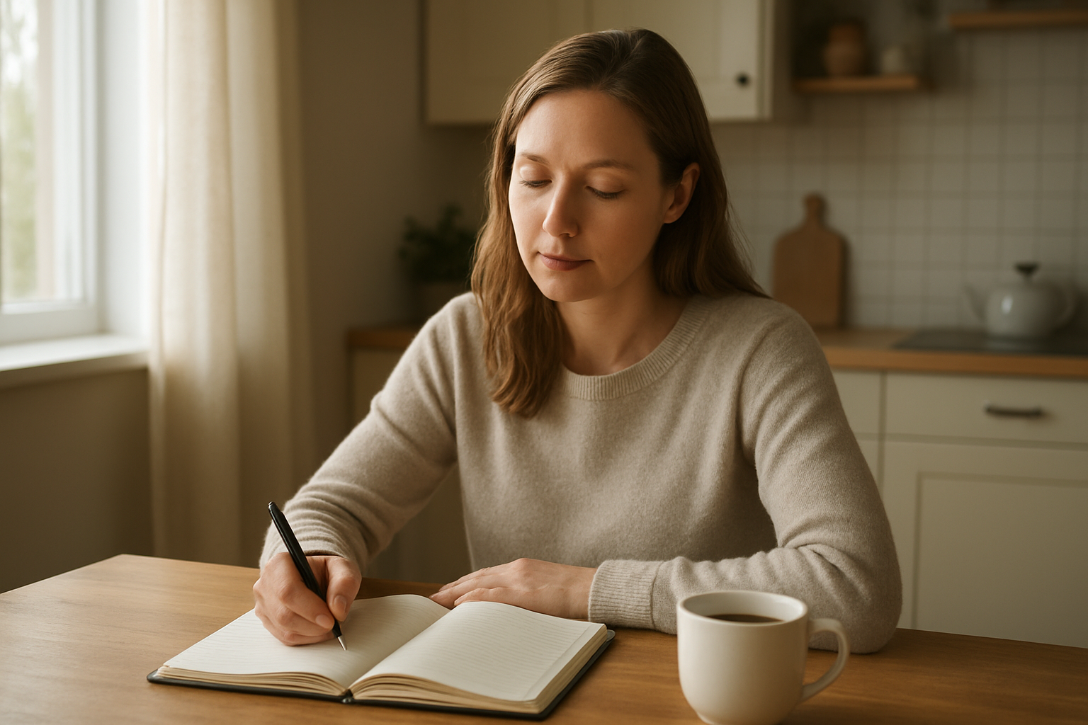 Create a realistic image of a white female mother sitting at a kitchen table in the morning, writing in a daily planner or journal with a pen, looking calm and thoughtful, with a cup of coffee nearby, soft natural lighting streaming through a window, cozy home kitchen background with simple decor, peaceful and organized atmosphere suggesting manageable daily planning, absolutely NO text should be in the scene.