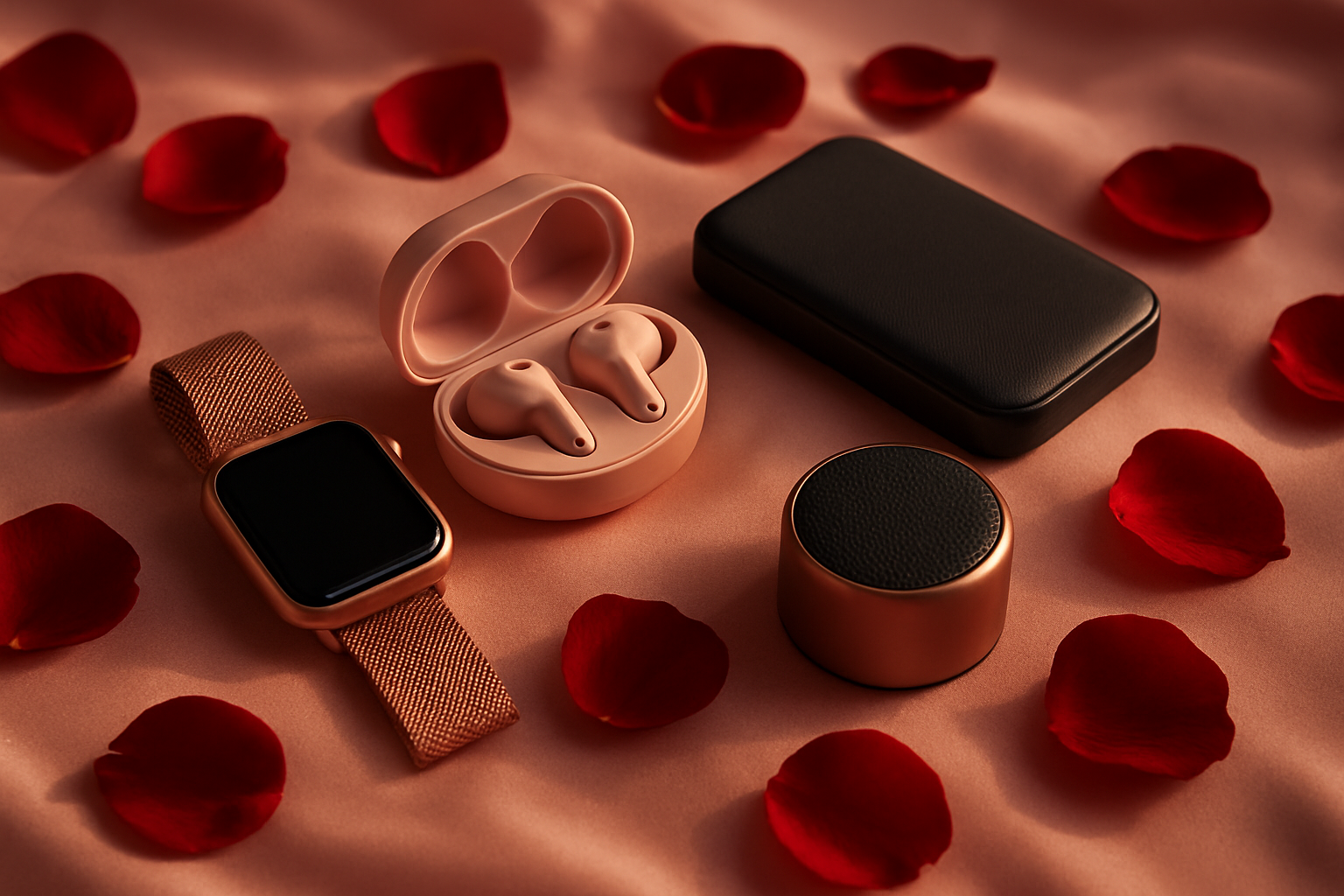 Create a realistic image of elegant tech gadgets arranged as Valentine's Day gifts on a soft pink silk surface, featuring a sleek smartwatch with rose gold band, wireless earbuds in a heart-shaped case, a stylish portable phone charger, and a compact Bluetooth speaker, all surrounded by scattered red rose petals and soft romantic lighting with warm golden tones creating intimate shadows, absolutely NO text should be in the scene.