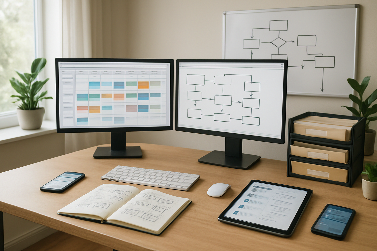 Create a realistic image of a well-organized modern workspace showing a systematic approach to content creation, featuring a clean desk with multiple monitors displaying content calendars and planning tools, neatly arranged notebooks with visible workflow charts, a smartphone and tablet showing social media scheduling apps, organized filing systems with labeled folders, a whiteboard with visible process diagrams and arrows, surrounded by indoor plants and natural lighting from a large window, conveying productivity and sustainable workflow management. Absolutely NO text should be in the scene.