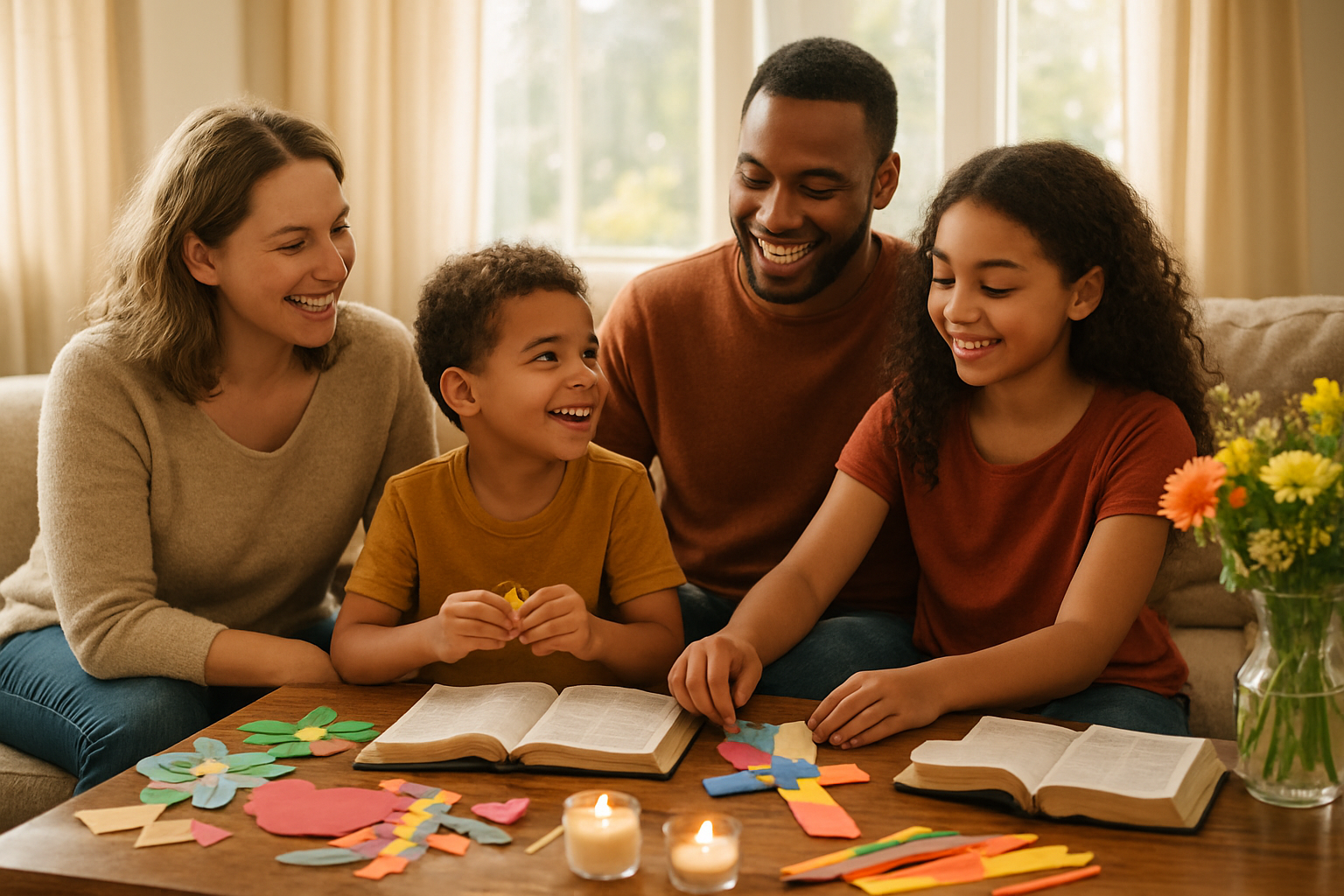Create a realistic image of a warm, inviting living room scene with a diverse family including a white mother, black father, and mixed-race children of various ages gathered together around a coffee table covered with colorful handmade crafts, open Bibles, and small prayer candles, with soft natural sunlight streaming through windows, fresh flowers in a vase, and a cozy atmosphere that conveys love, faith, and family togetherness, absolutely NO text should be in the scene.