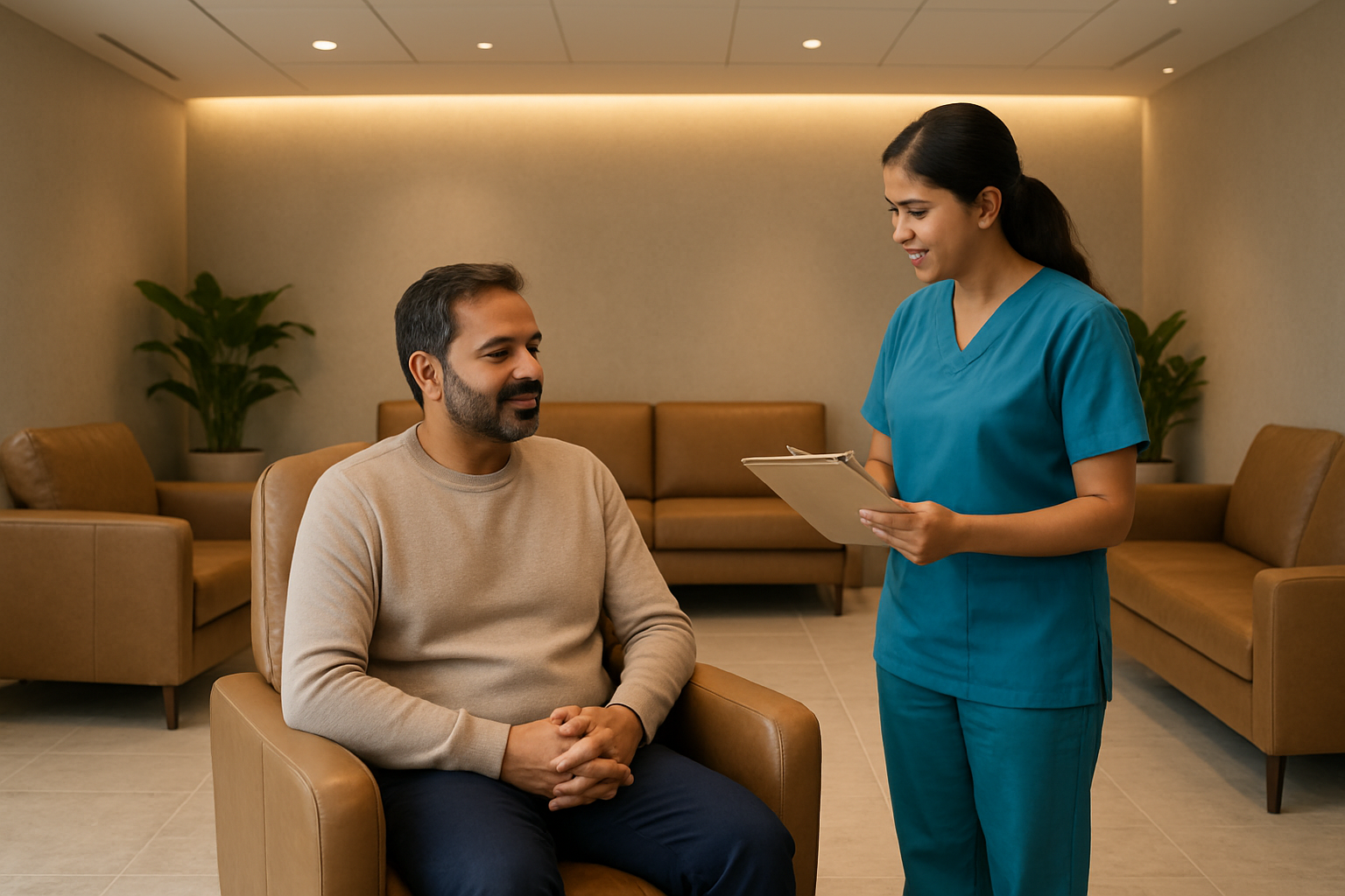 Create a realistic image of a modern, luxurious hair transplant clinic waiting area with comfortable leather seating, soft ambient lighting, and calming neutral colors, featuring a middle-aged Indian male patient sitting relaxed in a plush chair while a friendly Indian female staff member in medical scrubs is consulting with him, with potted plants, soft lighting from ceiling fixtures, clean marble floors, and a peaceful atmosphere that emphasizes comfort and professionalism, absolutely NO text should be in the scene.