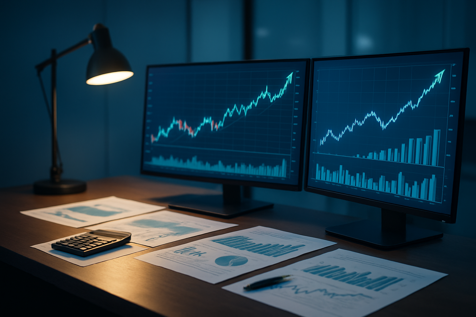 Create a realistic image of a modern financial workspace featuring multiple computer monitors displaying colorful stock charts, growth trend lines, and financial graphs with upward arrows, a sleek desk with financial documents and reports scattered around, a calculator and pen nearby, warm professional lighting from a desk lamp, clean modern office environment with a subtle blue color scheme reflecting the blue chip stock theme, professional atmosphere conveying financial analysis and investment research, absolutely NO text should be in the scene.