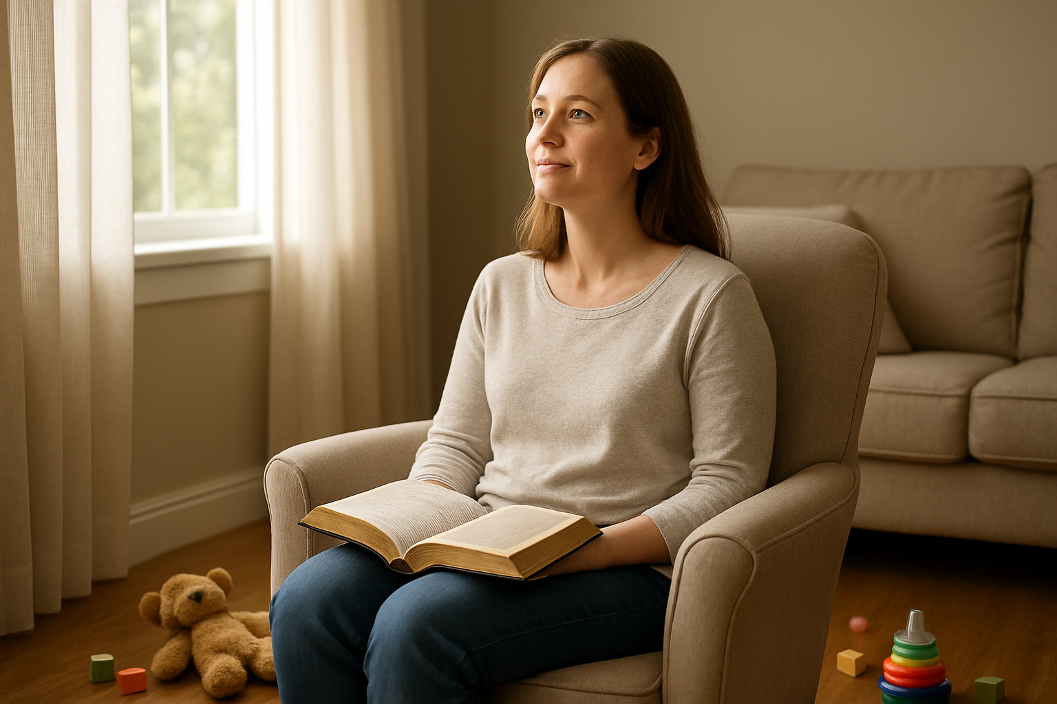 Create a realistic image of a peaceful white female mother sitting in a comfortable chair by a large window with soft natural light streaming in, holding an open Bible in her lap while looking upward with a serene, hopeful expression, with children's toys scattered nearby on a warm wooden floor, a cozy living room setting with soft pastel colors, gentle morning light creating a calm and reflective atmosphere that conveys trust, faith, and quiet strength, absolutely NO text should be in the scene.