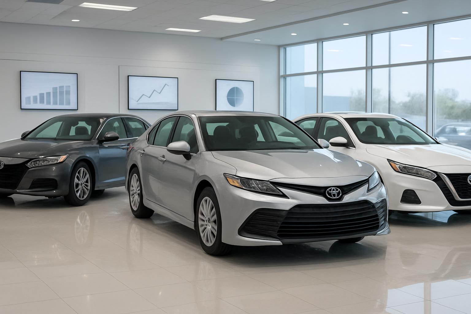 Create a realistic image of a 2024 Toyota Camry positioned prominently in the center surrounded by its main competitors including a Honda Accord, Nissan Altima, and Hyundai Sonata in a modern car showroom with bright LED lighting, polished white floors, and large windows showing natural daylight, with price comparison charts and value assessment displays visible on digital screens mounted on clean white walls in the background, professional automotive showroom atmosphere with contemporary interior design. Absolutely NO text should be in the scene.