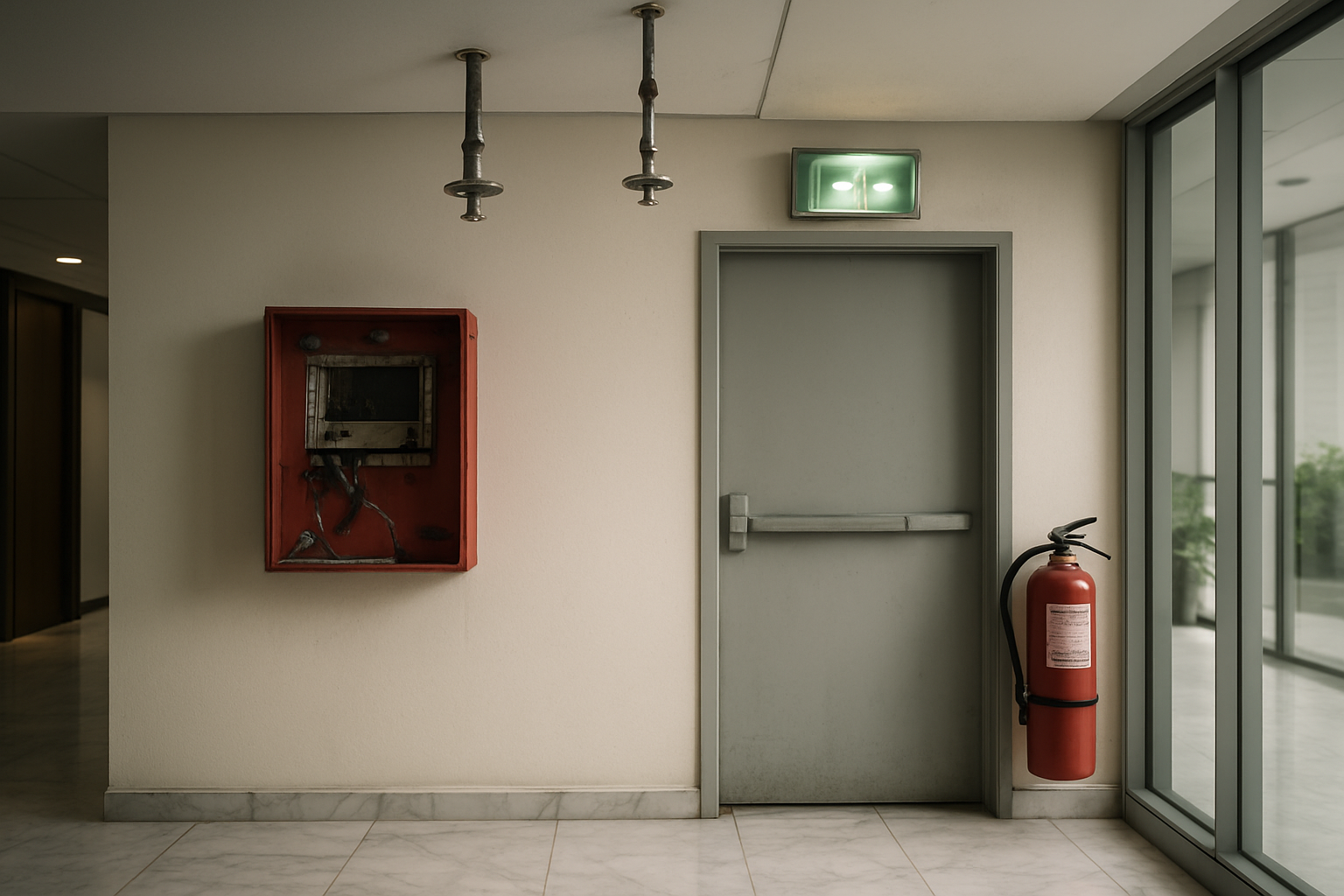Create a realistic image of a modern UAE building interior showing fire safety deficiencies including a broken fire alarm control panel with missing components, disconnected sprinkler heads hanging from the ceiling, an emergency exit door with a faulty exit sign that appears dim or flickering, and a fire extinguisher with a red inspection tag showing it's overdue for maintenance, set against a contemporary office or residential building backdrop with marble floors and glass partitions, captured in natural indoor lighting that emphasizes the neglected safety equipment, absolutely NO text should be in the scene.