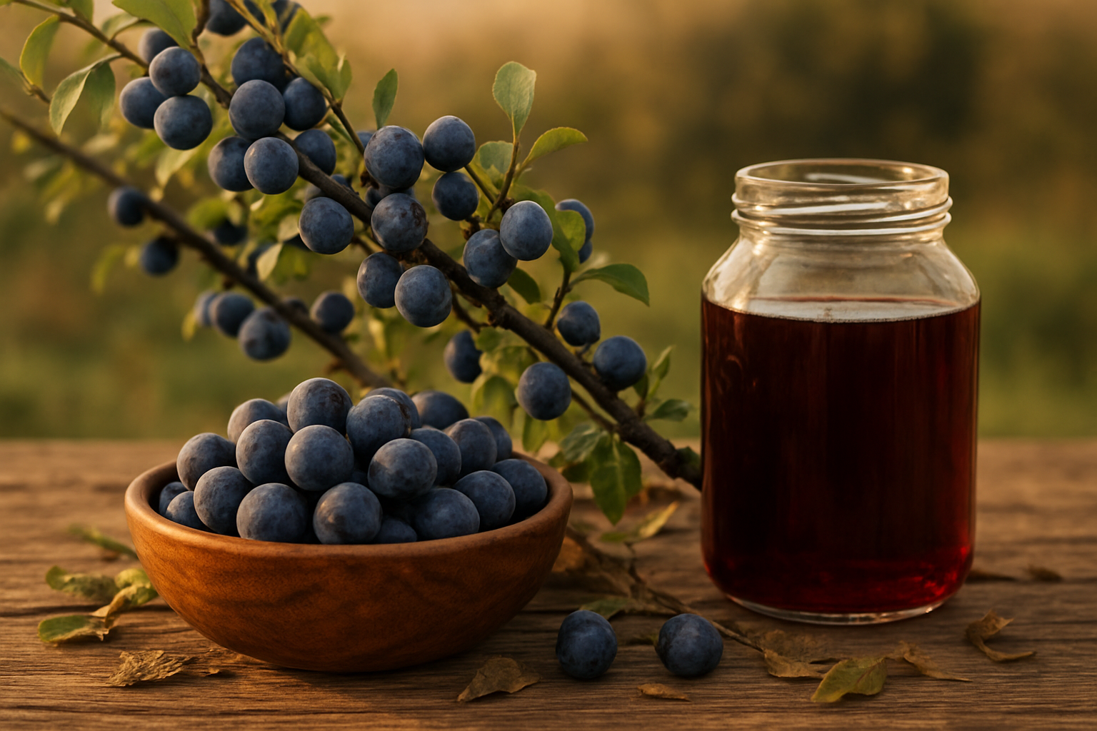 Create a realistic image of dark purple blackthorn berries (sloes) with their characteristic blue-white bloom coating clustered on thorny branches with small oval leaves, alongside a rustic wooden bowl filled with harvested berries, a glass jar of deep purple sloe gin, and dried blackthorn leaves scattered on a natural wooden table surface, shot with warm golden hour lighting that highlights the rich colors and textures of the berries and creates a cozy, traditional atmosphere suggesting both culinary and medicinal uses, with a soft blurred background of countryside hedgerow, absolutely NO text should be in the scene.