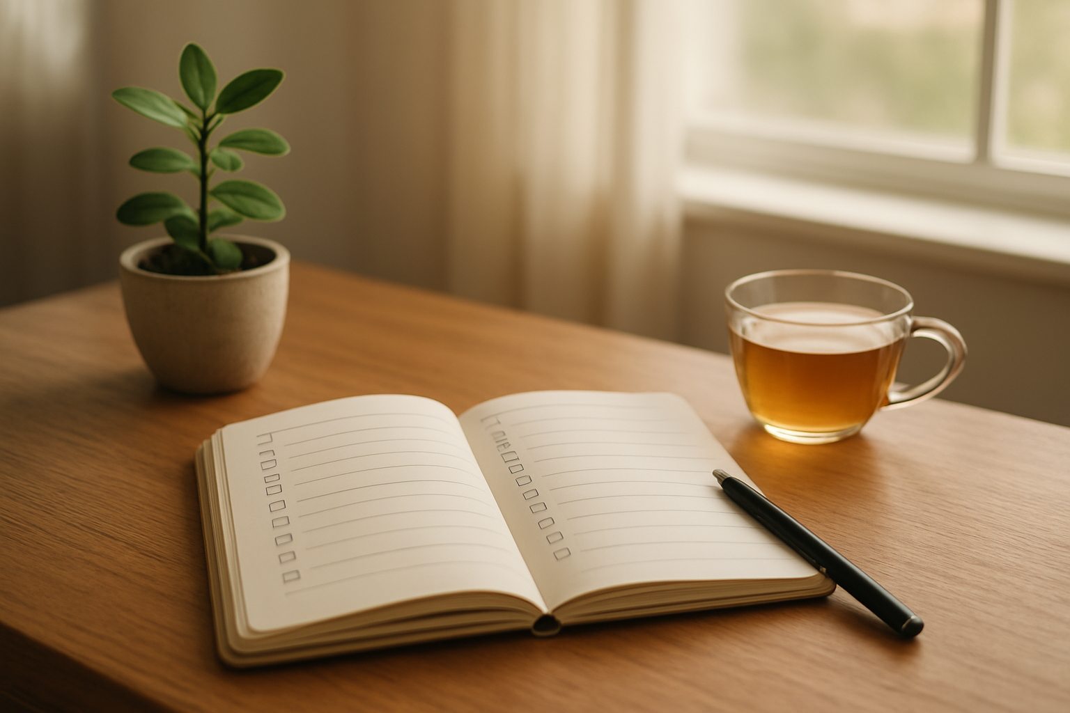 Create a realistic image of a peaceful workspace featuring a wooden desk with an open planner or journal showing goal-setting pages with checkboxes and bullet points, surrounded by calming elements like a small potted plant, a cup of herbal tea, and soft natural lighting from a nearby window, with a serene background suggesting organization and mindfulness for stress management planning, absolutely NO text should be in the scene.