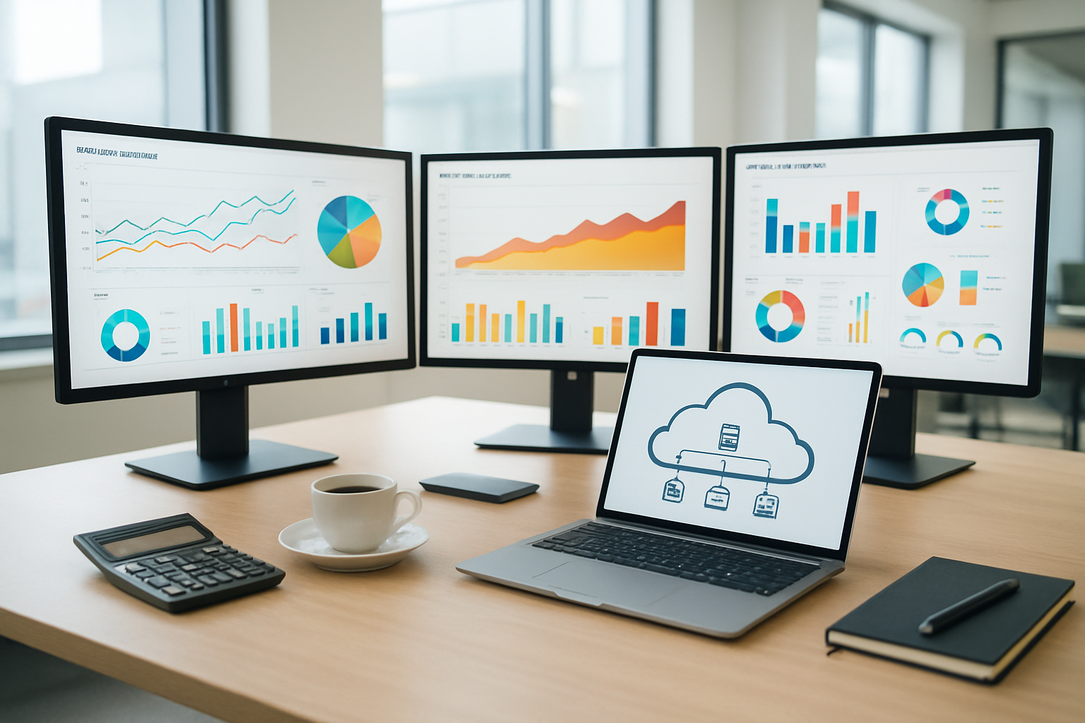 Create a realistic image of a modern office environment with multiple computer monitors displaying colorful performance dashboards, cost optimization charts, and AWS service metrics, featuring a sleek laptop showing cloud infrastructure diagrams, scattered around a clean desk with a calculator, coffee cup, and notebook, set against a bright corporate background with soft natural lighting from large windows, emphasizing a professional technology workspace focused on cloud computing efficiency, absolutely NO text should be in the scene.