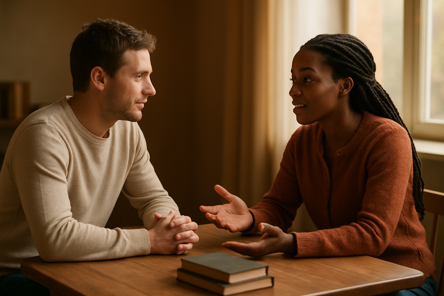 Create a realistic image of two people sitting across from each other at a wooden table in a warm, softly lit room, one white male and one black female, engaged in sincere conversation with open body language and gentle expressions that convey trust and understanding, with soft natural lighting streaming through a window creating a peaceful atmosphere, books and a small plant visible on the table between them, warm earth tones throughout the scene suggesting comfort and authenticity, absolutely NO text should be in the scene.