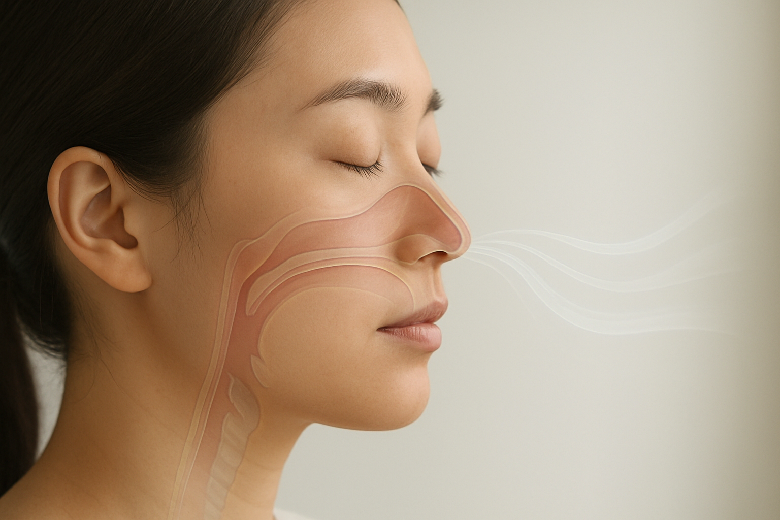 Create a realistic image of a close-up side profile of a calm Asian female with her eyes gently closed, demonstrating proper nasal breathing technique with soft, visible airflow patterns illustrated as delicate, translucent streams entering through her nostrils, surrounded by a clean, minimalist background with soft natural lighting that emphasizes the peaceful, scientific nature of breathing, with subtle anatomical elements like a cross-section overlay showing the nasal passages and respiratory system in muted, scientific colors, creating a serene and educational atmosphere that conveys the importance of nasal breathing for health and wellness, absolutely NO text should be in the scene.
