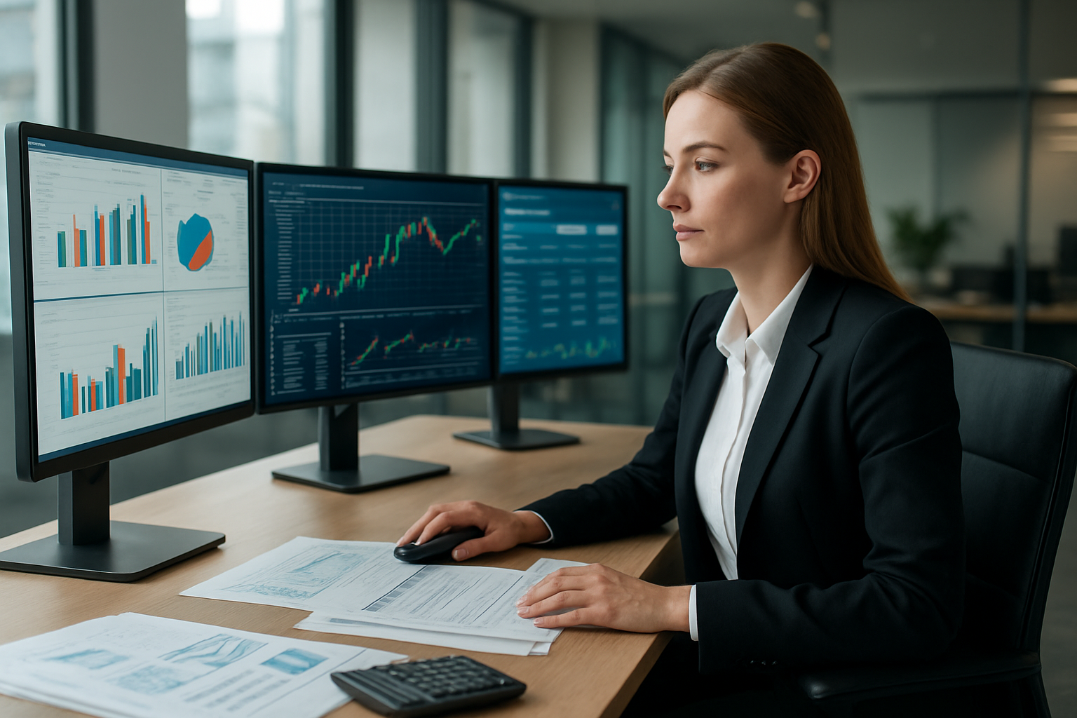 Create a realistic image of a professional white female financial advisor sitting at a modern desk with multiple computer monitors displaying colorful graphs, charts, and banking account interfaces, surrounded by organized financial documents and a calculator, with a sleek banking office environment in the background featuring soft natural lighting from large windows, conveying a productive and strategic financial planning atmosphere, absolutely NO text should be in the scene.