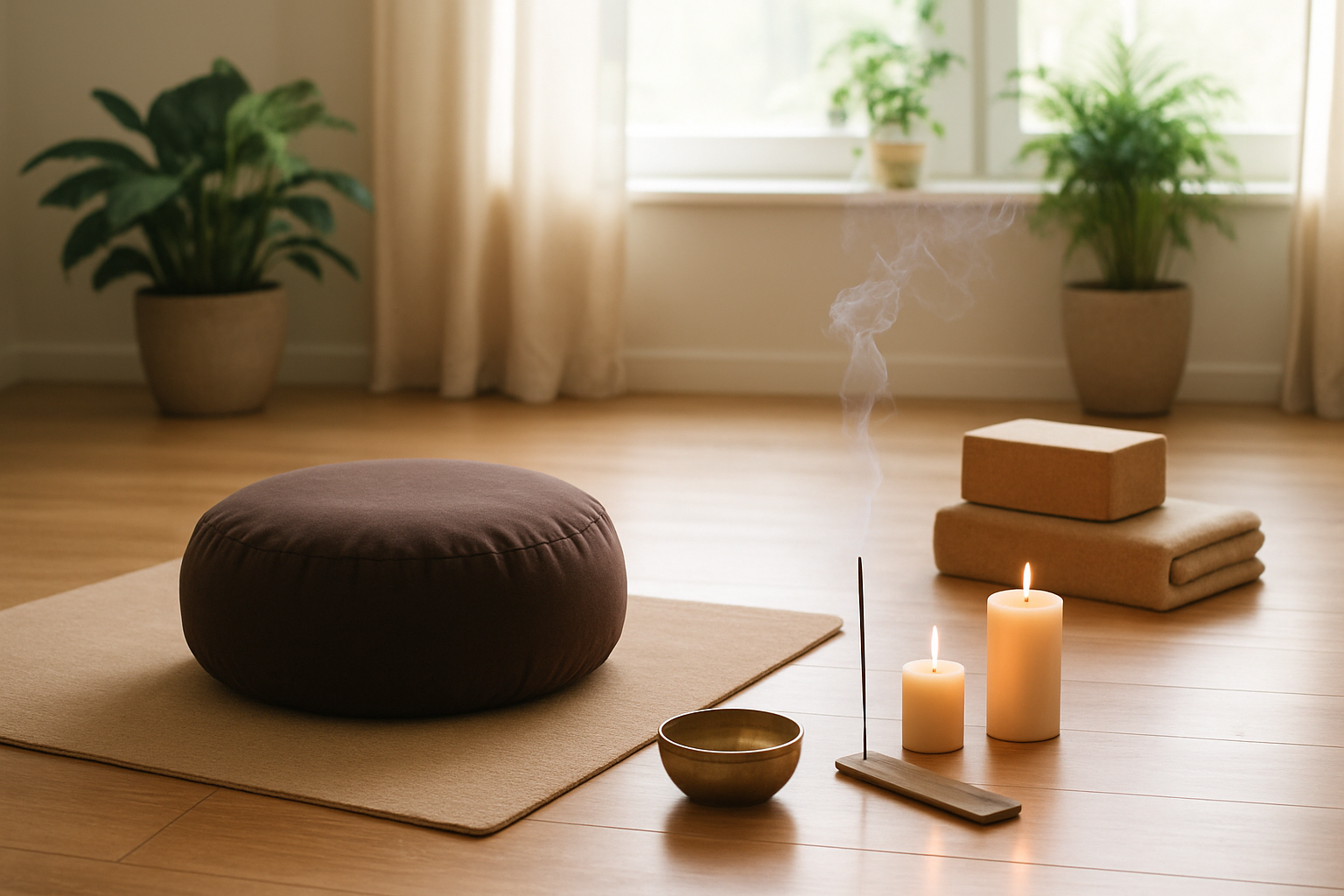 Create a realistic image of a peaceful indoor meditation space showing essential beginner meditation elements including a comfortable meditation cushion on a wooden floor, a yoga mat nearby, a small singing bowl, lit candles, and incense sticks creating gentle smoke, with soft natural lighting filtering through a window, plants in the background creating a serene atmosphere, and a few meditation props like blocks and a blanket arranged neatly to demonstrate the basic setup for meditation practice, absolutely NO text should be in the scene.