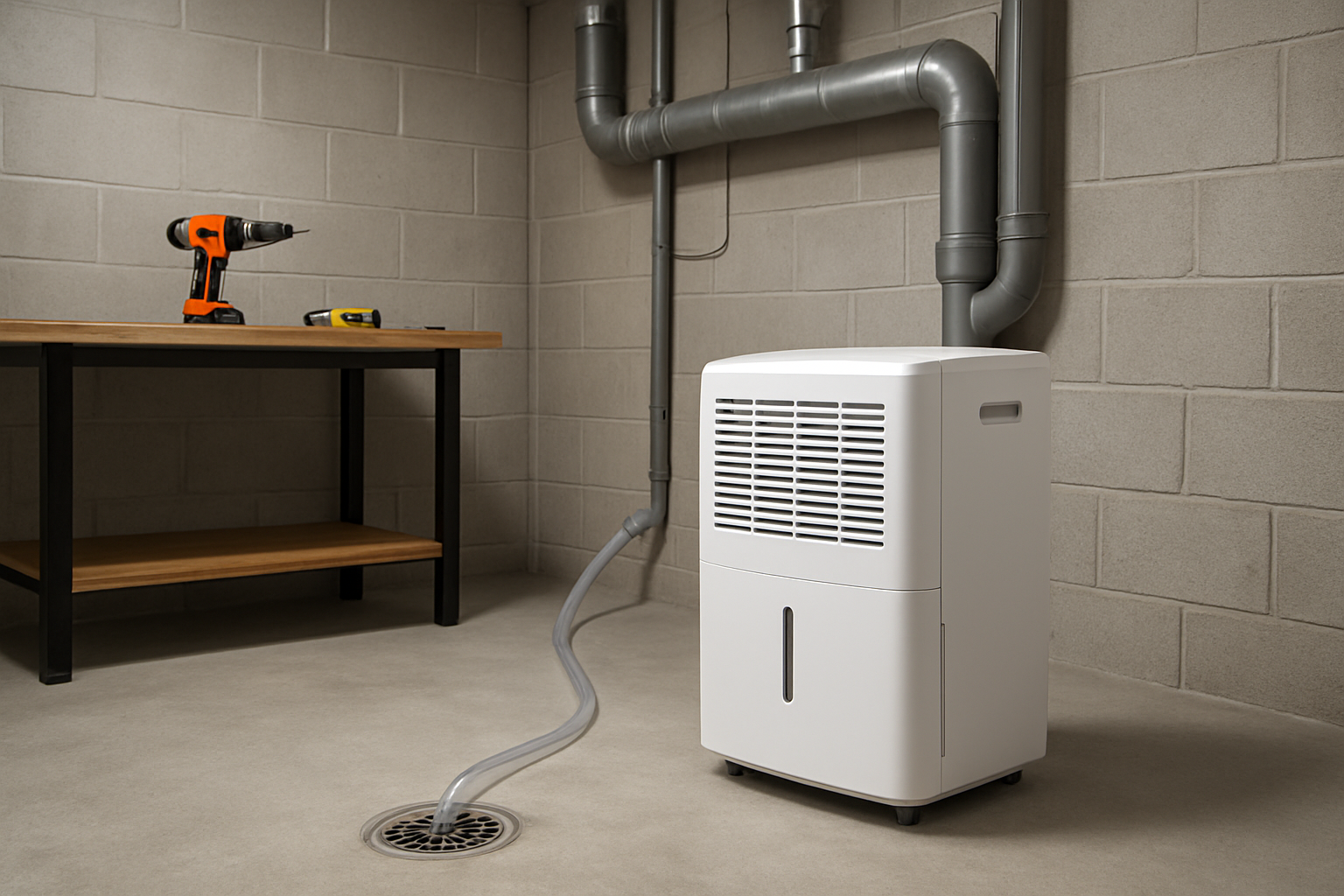 Create a realistic image of a modern basement or utility room showcasing a successfully installed DIY self-draining dehumidifier system, featuring a white dehumidifier unit with a clear drainage hose connected to a floor drain, surrounded by organized tools on a workbench including a drill, screwdriver, and measuring tape, with visible pipes and proper ventilation, set against clean concrete walls with good lighting that creates a sense of accomplishment and professional installation quality, depicting a dry and well-maintained space that demonstrates the effective moisture control solution, absolutely NO text should be in the scene.