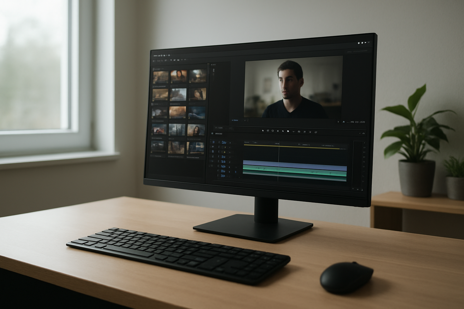 Create a realistic image of a modern workspace setup showing a computer monitor displaying the Akool AI interface with video creation tools, a keyboard and mouse on a clean desk, with soft natural lighting from a window, and a focused atmosphere suggesting the beginning of a creative video project, with editing timeline and media panels visible on screen, surrounded by a minimalist office environment with plants in the background. Absolutely NO text should be in the scene.