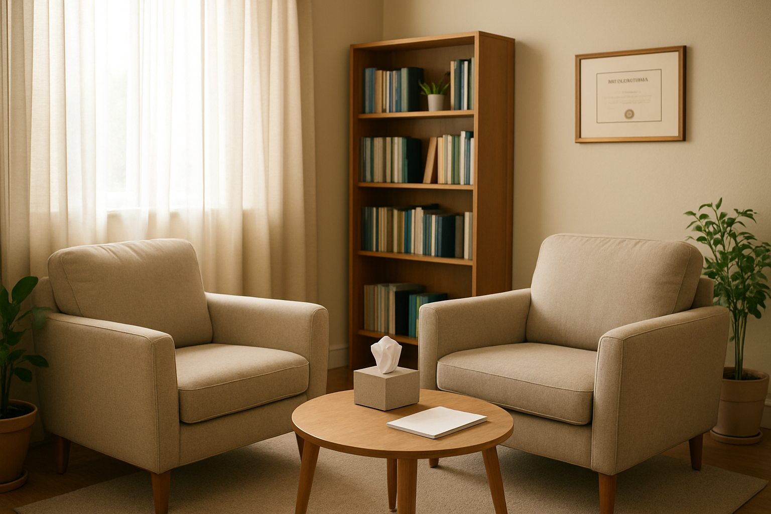 Create a realistic image of a warm, welcoming therapy office with a comfortable seating area featuring two armchairs facing each other, a small side table with a tissue box and notepad, soft natural lighting streaming through a window with sheer curtains, calming neutral colors like beige and soft blues, a bookshelf with professional resources in the background, a diploma on the wall, and potted plants adding a peaceful atmosphere, shot from a slightly angled perspective that captures the professional yet comforting environment designed for mental health consultations, absolutely NO text should be in the scene.