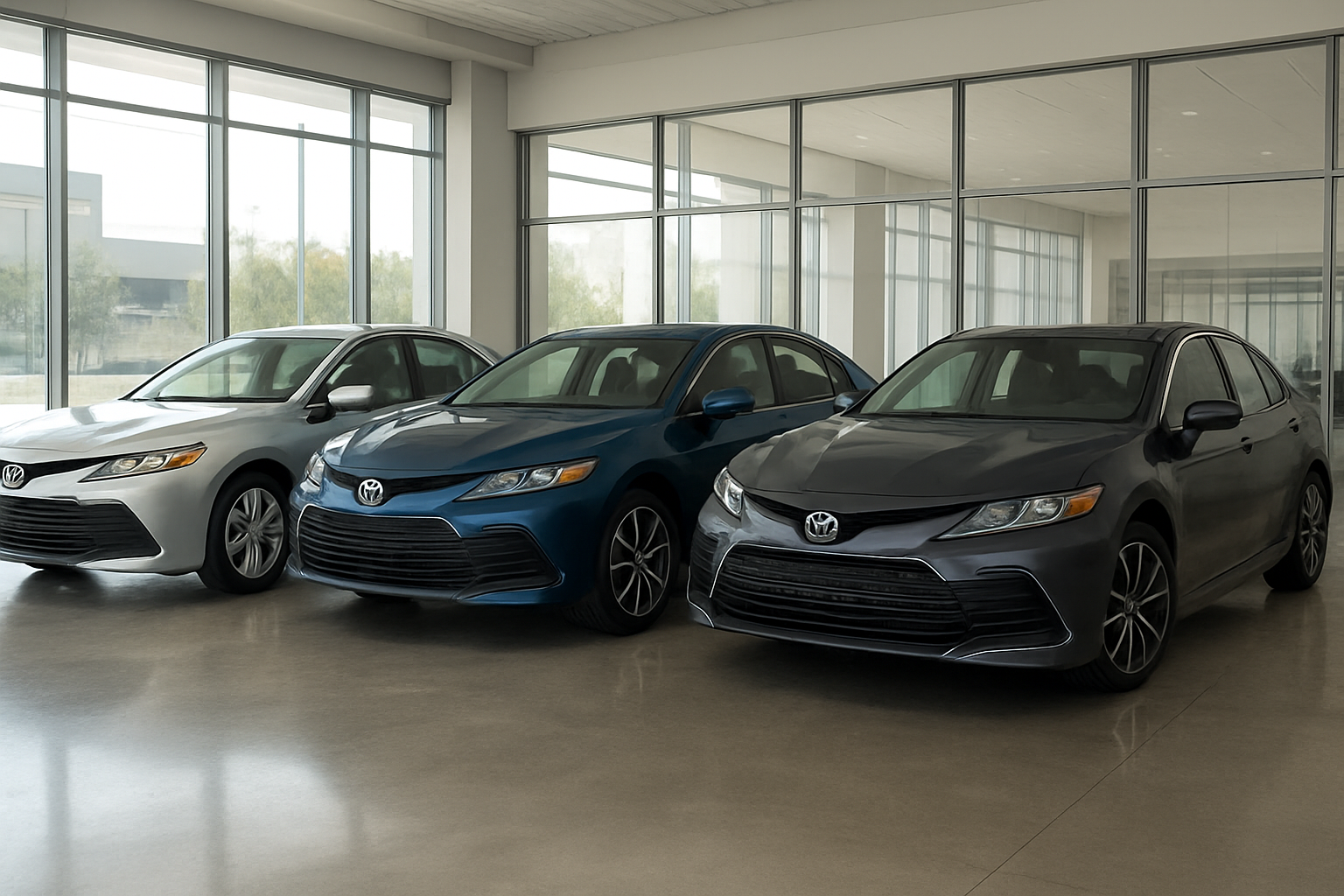 Create a realistic image of multiple 2025 Toyota Camry vehicles in different trim levels parked side by side in a modern automotive showroom with polished concrete floors and large glass windows, showcasing the visual differences between base, mid-level, and premium trims including varying wheel designs, exterior styling elements, and color options, with bright natural lighting streaming through the windows creating reflections on the vehicles' surfaces, clean minimalist showroom environment with subtle automotive dealership atmosphere. Absolutely NO text should be in the scene.