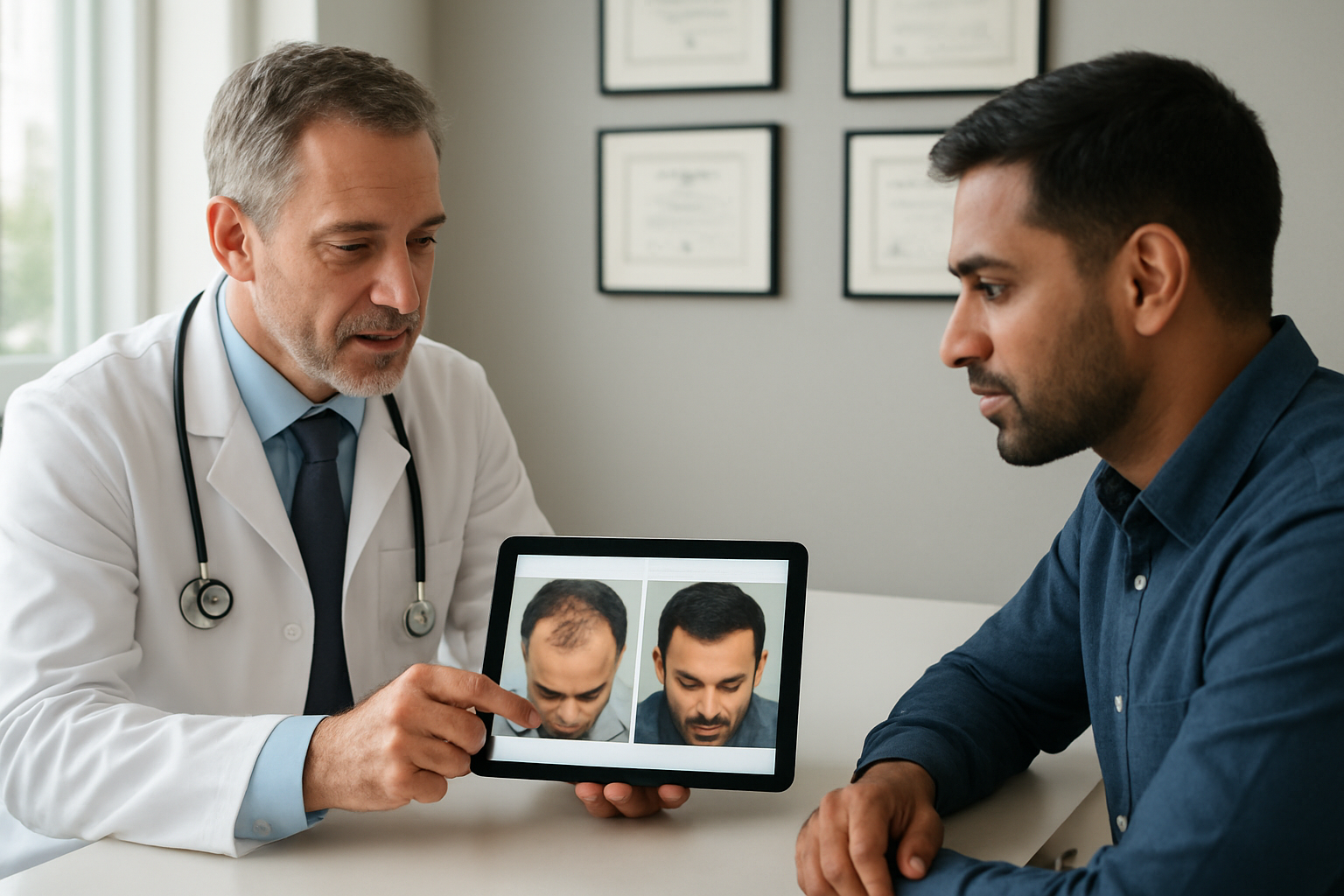 Create a realistic image of a professional consultation scene in a modern medical office where a middle-aged white male doctor in a white coat is sitting across from a South Asian male patient, both examining hair transplant before-and-after photos on a tablet device placed on a clean desk, with medical certificates and diplomas visible on the wall behind the doctor, soft natural lighting from a window, creating a trustworthy and professional atmosphere for medical consultation, absolutely NO text should be in the scene.