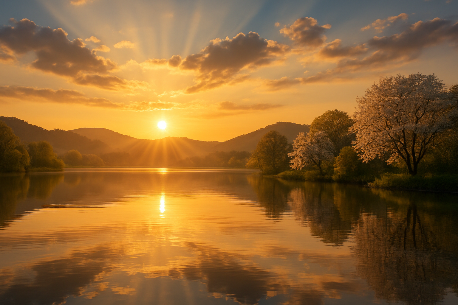 Create a realistic image of a peaceful sunrise scene over a calm lake with golden light rays breaking through soft clouds, reflecting on the still water surface, surrounded by gentle hills and flourishing trees in full bloom, with a sense of harmony and tranquility pervading the entire landscape, warm golden and soft blue color palette creating an atmosphere of divine peace and spiritual alignment, absolutely NO text should be in the scene.