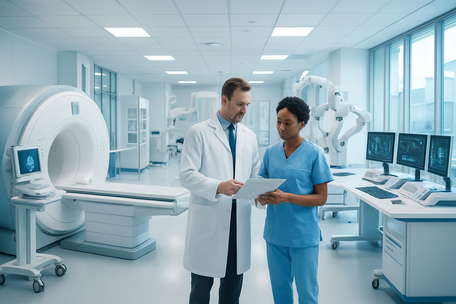 Create a realistic image of a modern hospital interior showcasing excellence and advanced medical technology, featuring a pristine medical facility with state-of-the-art equipment including MRI machines, surgical robots, and monitoring devices, with a white male doctor in a white coat examining medical charts alongside a black female nurse in scrubs, surrounded by clean white and blue hospital corridors with large windows allowing natural light, advanced medical workstations with multiple computer screens, and cutting-edge medical instruments arranged professionally, conveying a sense of innovation, expertise, and superior healthcare quality in a bright, sterile, and technologically advanced environment. Absolutely NO text should be in the scene.