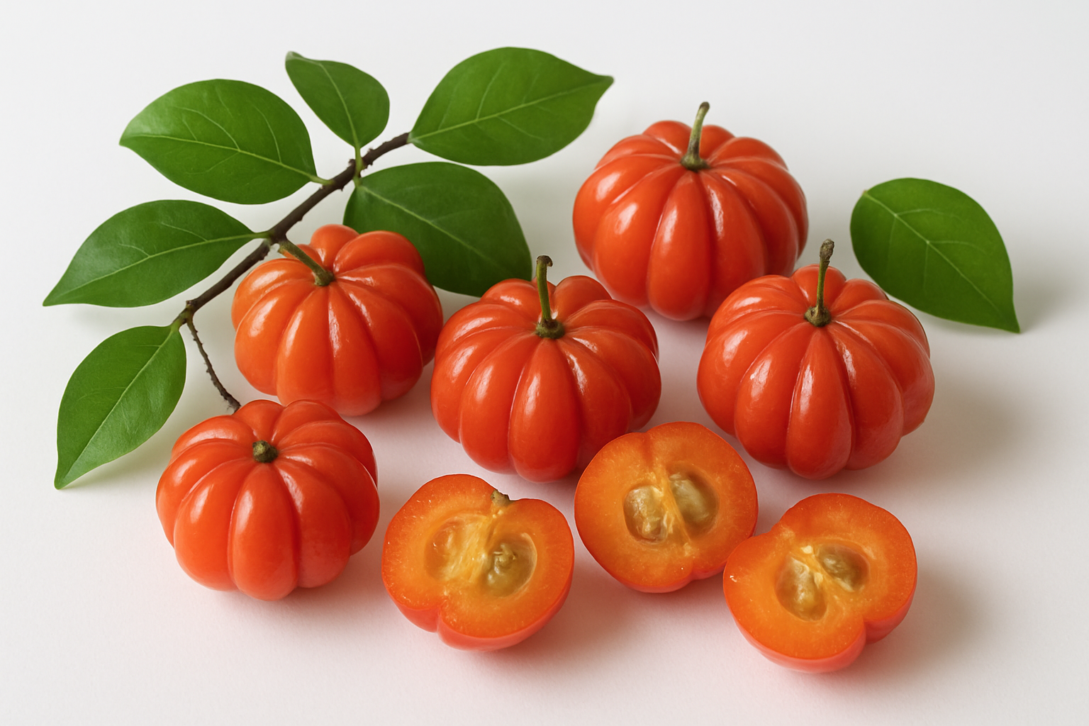 Create a realistic image of fresh Surinam cherries displaying their distinctive physical characteristics including the bright red-orange ribbed fruit with deep vertical grooves, small green leaves with prominent veins, and some fruits still attached to thin brown branches, arranged on a clean white surface with soft natural lighting to clearly show the unique pumpkin-like shape and glossy skin texture that makes these tropical fruits easily identifiable, with a few cross-sectioned fruits revealing the inner flesh and seeds, absolutely NO text should be in the scene.
