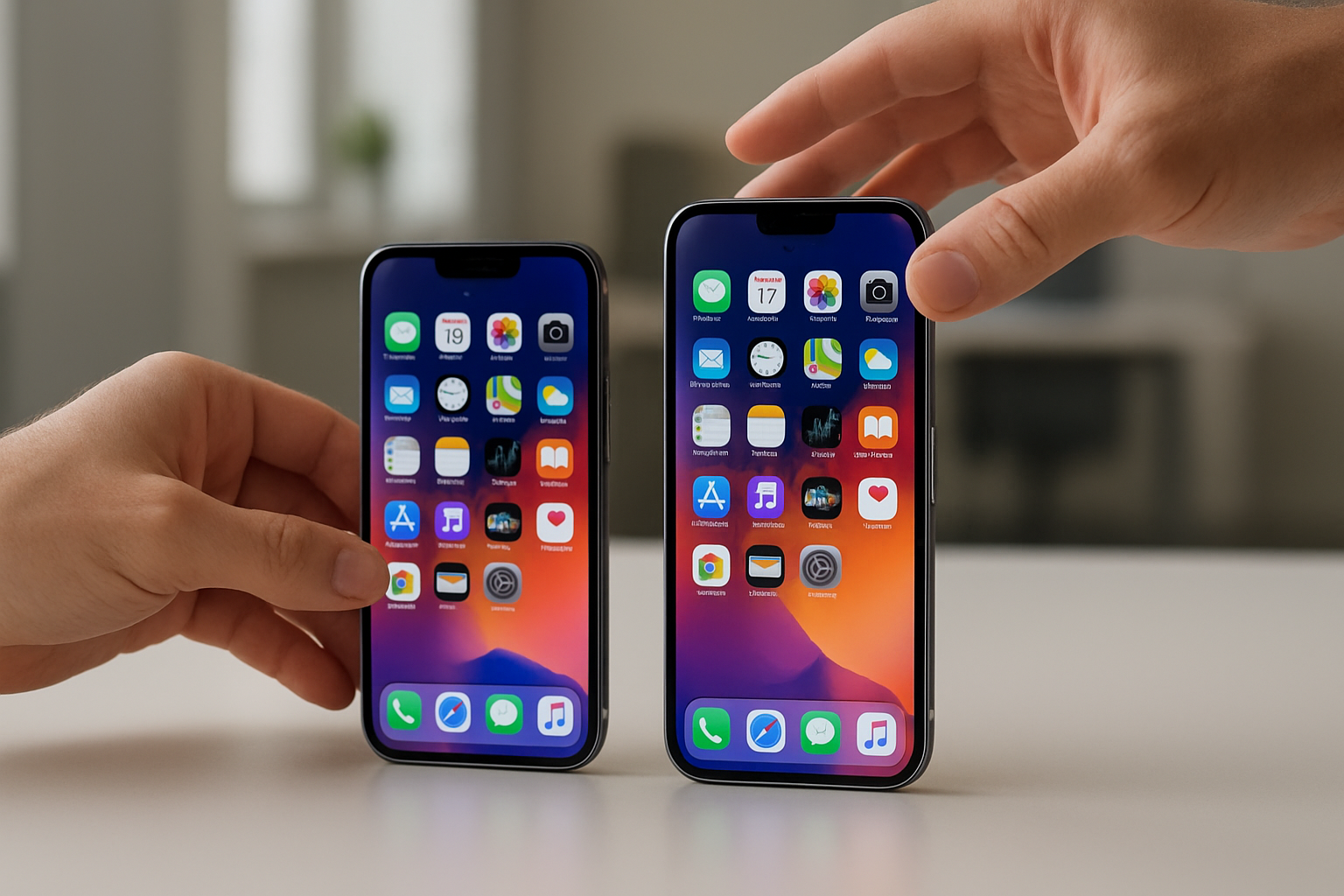 Create a realistic image of two iPhones (iPhone 16E and iPhone 16) positioned side by side on a clean white desk surface, with one phone slightly angled to show its sleek profile, both phones displaying their home screens with vibrant wallpapers, a pair of hands (white male) gently hovering over the devices as if making a final selection decision, soft natural lighting from a nearby window creating gentle shadows, a minimalist modern office environment in the background with blurred elements, conveying a sense of thoughtful decision-making and comparison, warm ambient lighting that highlights the premium build quality of both devices, absolutely NO text should be in the scene.