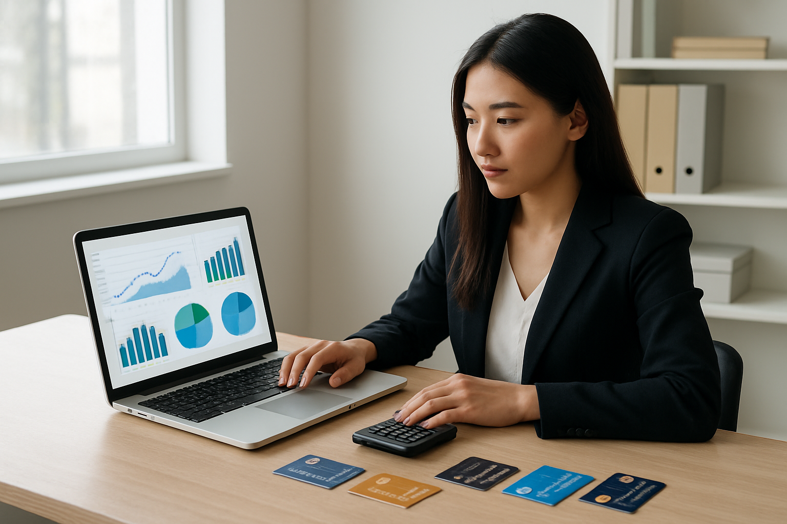 Create a realistic image of a professional Asian female sitting at a clean modern desk with a laptop computer open, calculator nearby, and several credit cards arranged neatly on the wooden surface, with financial charts and graphs displayed on the laptop screen showing utilization percentages, bright natural lighting from a window creating a focused productive atmosphere, neutral office background with bookshelf, representing careful credit management and financial planning, absolutely NO text should be in the scene.