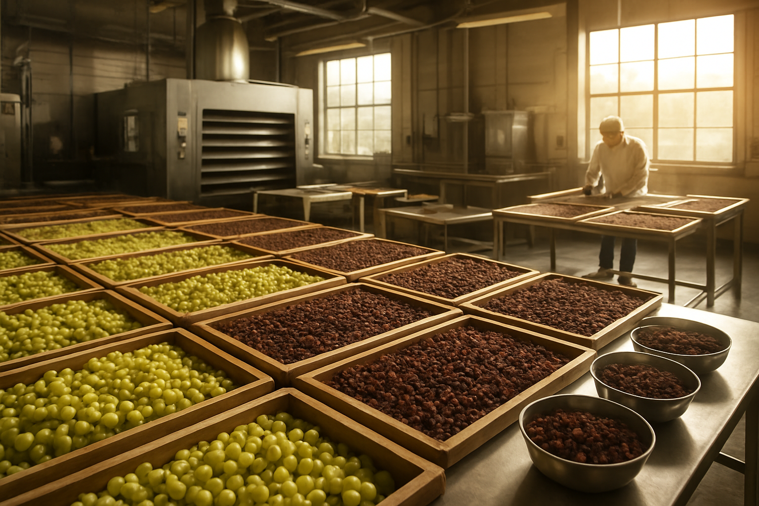 Create a realistic image of a modern raisin production facility showing different stages of the raisin-making process, featuring fresh grapes being transformed into raisins through sun-drying on wooden trays in organized rows, industrial dehydrating equipment in the background, quality control stations with sorted raisins in various containers, warm golden sunlight streaming through large windows, clean industrial setting with stainless steel surfaces, professional atmosphere emphasizing precision and quality craftsmanship in food production, absolutely NO text should be in the scene.