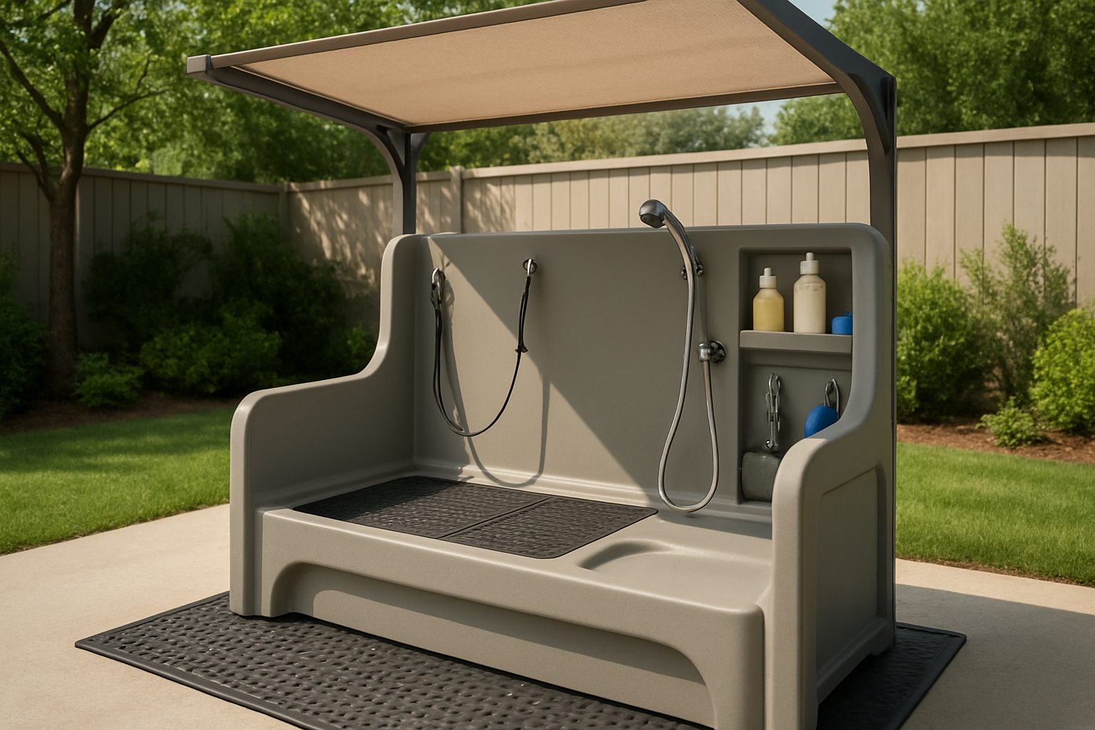 Create a realistic image of an outdoor DIY pet wash station featuring smart safety and comfort elements including non-slip rubber mats on the washing platform, adjustable height spray nozzle with gentle water flow, secure safety restraints or harnesses, rounded corner edges on all surfaces, temperature control valve, drainage system with protective grating, soft cushioned areas for pet comfort, overhead shade structure, and organized storage for pet washing supplies, set against a clean backyard setting with natural lighting, showing the thoughtful design details that prioritize pet wellbeing during bath time, absolutely NO text should be in the scene.