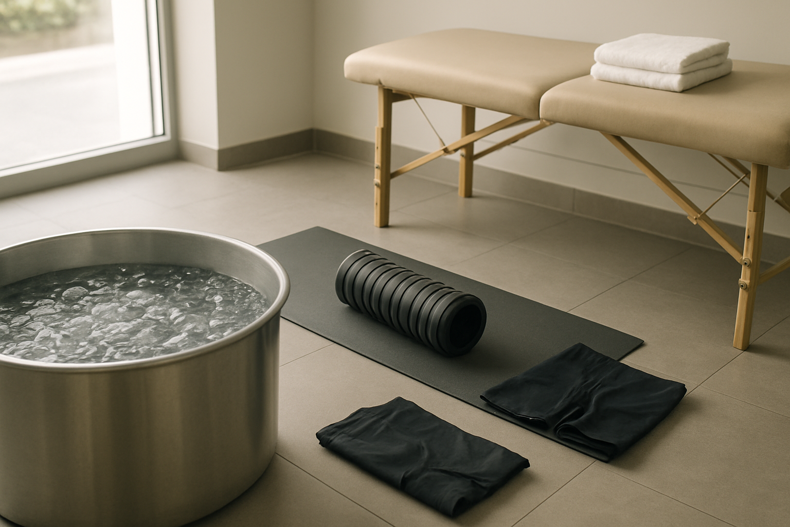 Create a realistic image of a fitness recovery scene showing traditional methods including an ice bath with cold water and ice cubes, a foam roller on a yoga mat, compression garments neatly folded, and a massage table with towels, all arranged in a clean modern gym or wellness center with soft natural lighting from large windows, creating a calm and professional atmosphere. Absolutely NO text should be in the scene.