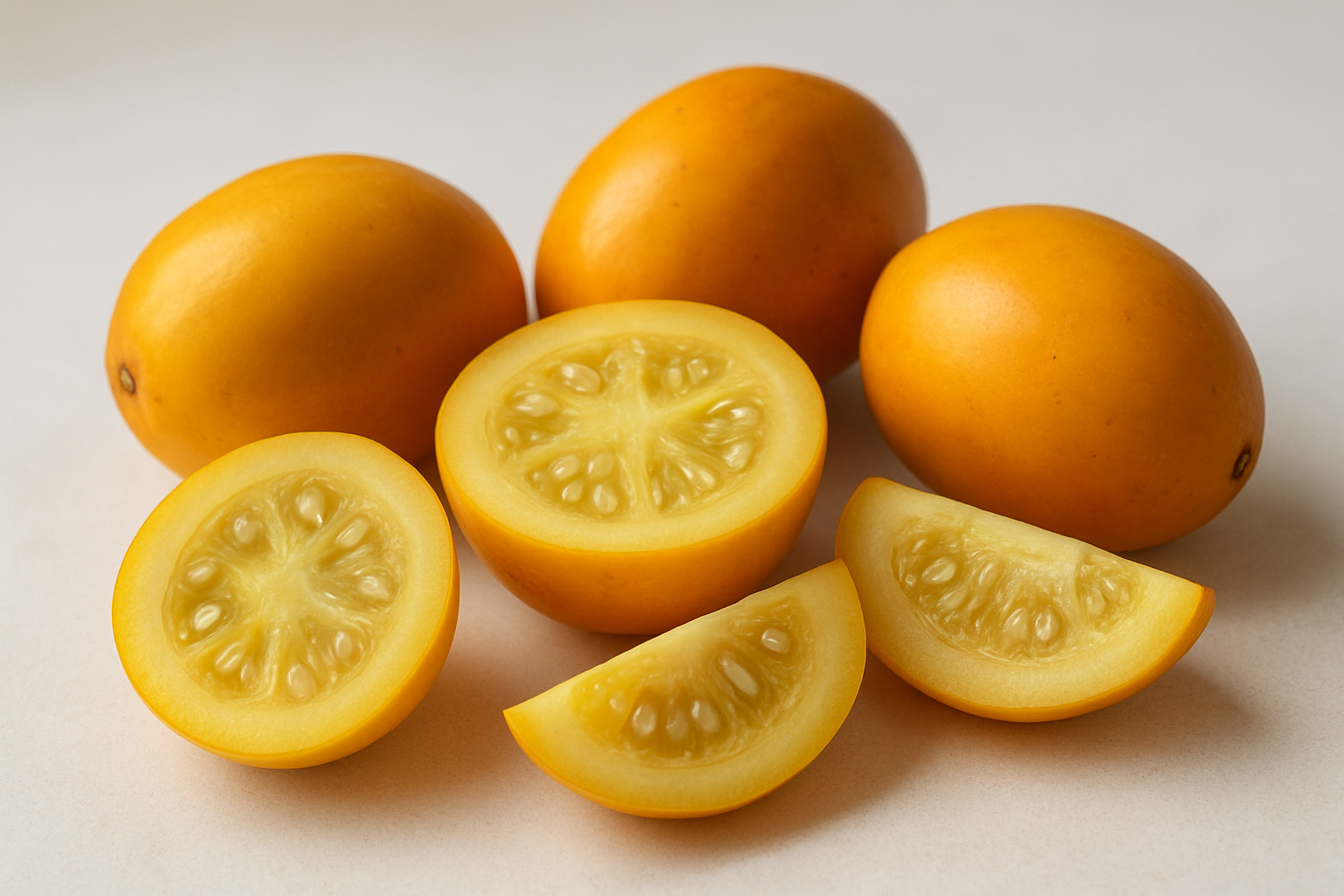 Create a realistic image of multiple fresh cocona fruits displayed on a clean white surface, showing their unique characteristics with some fruits whole revealing their bright yellow-orange smooth skin and oval shape, others cut in half displaying the pale yellow flesh with visible seeds and gel-like interior, and one fruit cut into slices to demonstrate the internal structure, all arranged in natural lighting that highlights the fruit's distinctive features and textures, with a soft neutral background to emphasize the fruits' natural colors and forms, absolutely NO text should be in the scene.