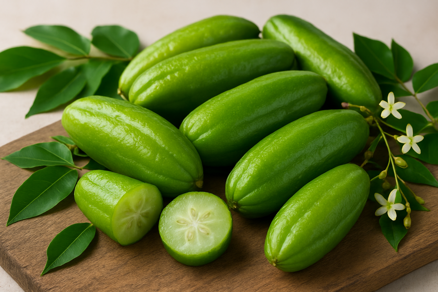 Create a realistic image of fresh bilimbi fruits displaying their unique elongated cucumber-like shape and bright green waxy skin, arranged naturally on a wooden surface with some fruits cut in cross-section to reveal their translucent flesh and small seeds, surrounded by bilimbi leaves and small white star-shaped flowers on branches, with soft natural lighting highlighting the fruit's distinctive ridged texture and glossy appearance, set against a clean neutral background that emphasizes the fruit's vibrant green color and unusual characteristics, absolutely NO text should be in the scene.