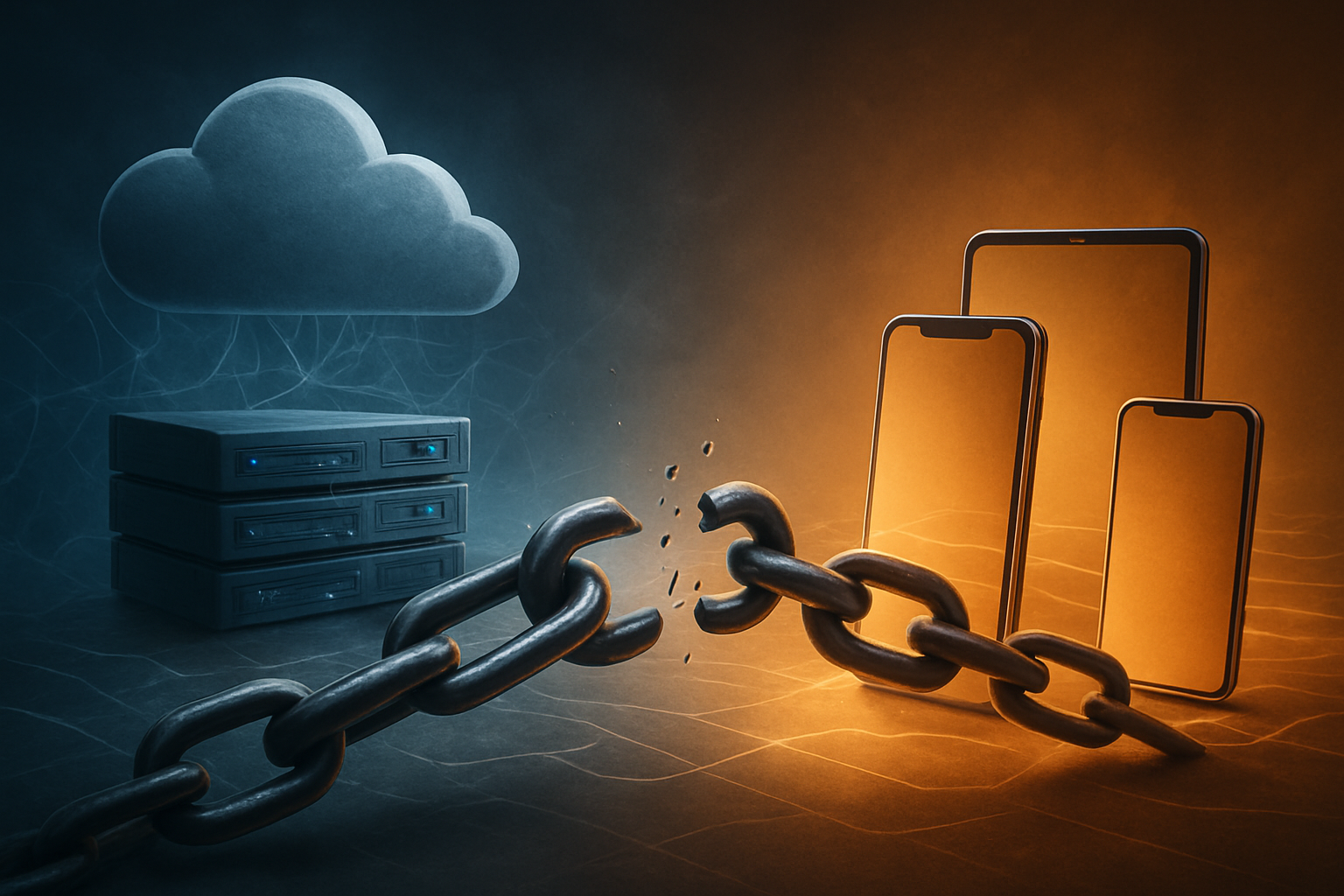 Create a realistic image of a broken chain connecting cloud servers to mobile devices, with traditional cloud infrastructure appearing overloaded and congested in the background while sleek edge devices like smartphones and tablets operate independently in the foreground, dramatic lighting showing the contrast between the struggling centralized system and the efficient distributed computing approach, cool blue tones for the cloud servers transitioning to warm gold tones for the edge devices, network connection lines appearing strained and bottlenecked around the cloud but flowing smoothly between edge devices, absolutely NO text should be in the scene.