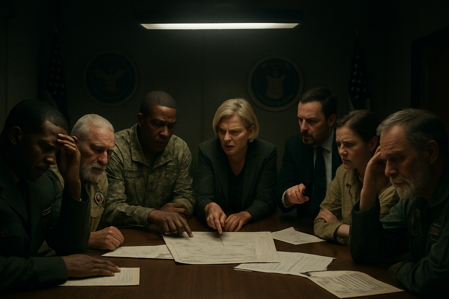 Create a realistic image of a tense military briefing room with diverse military veterans and defense experts of various races and genders sitting around a conference table, some shaking their heads in disagreement while others point at documents, with American flags and military insignia visible in the background, dramatic overhead lighting casting shadows across concerned faces, creating a somber and critical atmosphere that conveys sharp disagreement and tension over military strategy decisions, absolutely NO text should be in the scene.