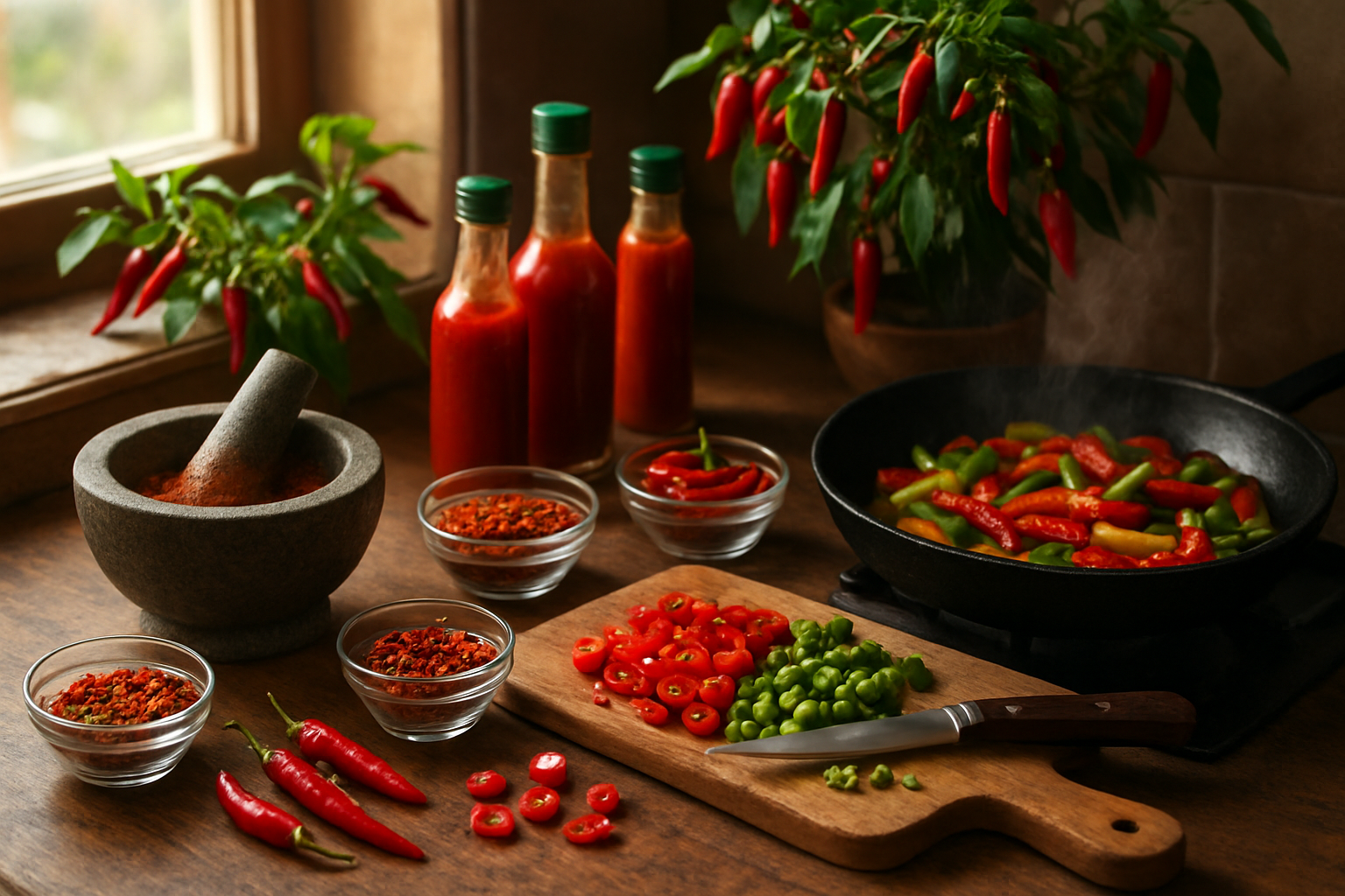 Create a realistic image of a vibrant kitchen scene showcasing various culinary uses of chili peppers, featuring a wooden cutting board with freshly chopped red and green chili peppers, a mortar and pestle with ground chili powder, small glass bowls containing different types of dried chili flakes and whole peppers, a sizzling pan with colorful vegetables and chili peppers being cooked, bottles of hot sauce made from chili peppers, and fresh chili pepper plants with hanging peppers in the background, all arranged on a rustic kitchen counter with warm natural lighting from a nearby window, absolutely NO text should be in the scene.