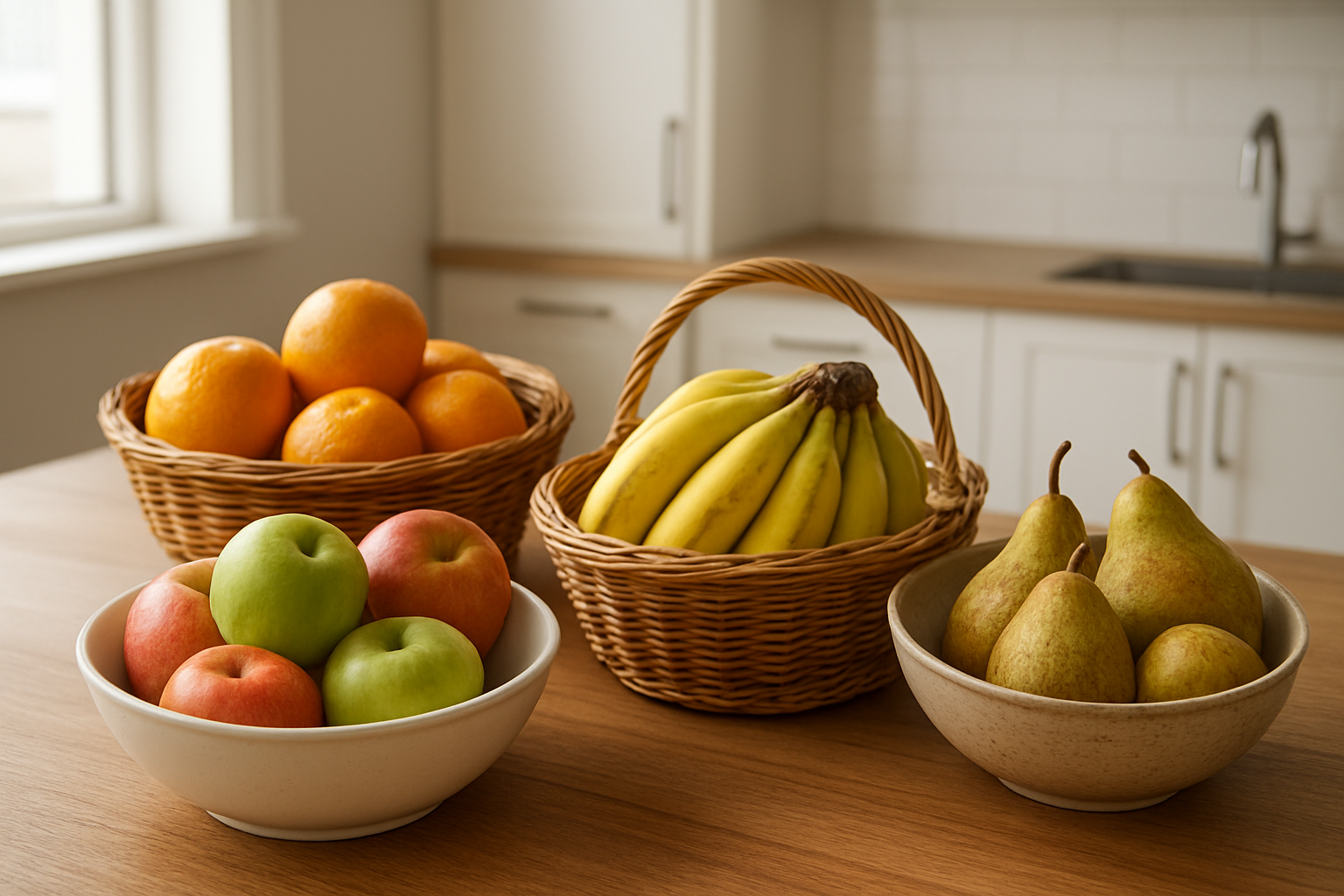 Create a realistic image of a wooden kitchen counter displaying an assortment of long-lasting fruits including apples, oranges, bananas, and pears arranged in wicker baskets and ceramic bowls, with some fruits showing their natural freshness while others demonstrate their ability to stay good over time, set against a clean modern kitchen background with soft natural lighting from a nearby window, creating a warm and inviting atmosphere that emphasizes freshness and longevity, absolutely NO text should be in the scene.