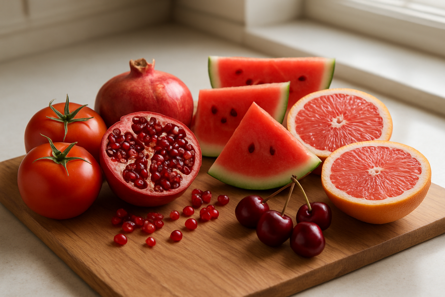 Create a realistic image of a wooden cutting board featuring an artful arrangement of prostate health supporting fruits including red tomatoes, fresh pomegranates with some seeds visible, bright red watermelon slices, pink grapefruit halves, and deep red cherries, set on a clean kitchen counter with soft natural lighting from a nearby window, creating a fresh and healthy atmosphere that emphasizes the vibrant red and pink colors of these beneficial fruits, absolutely NO text should be in the scene.