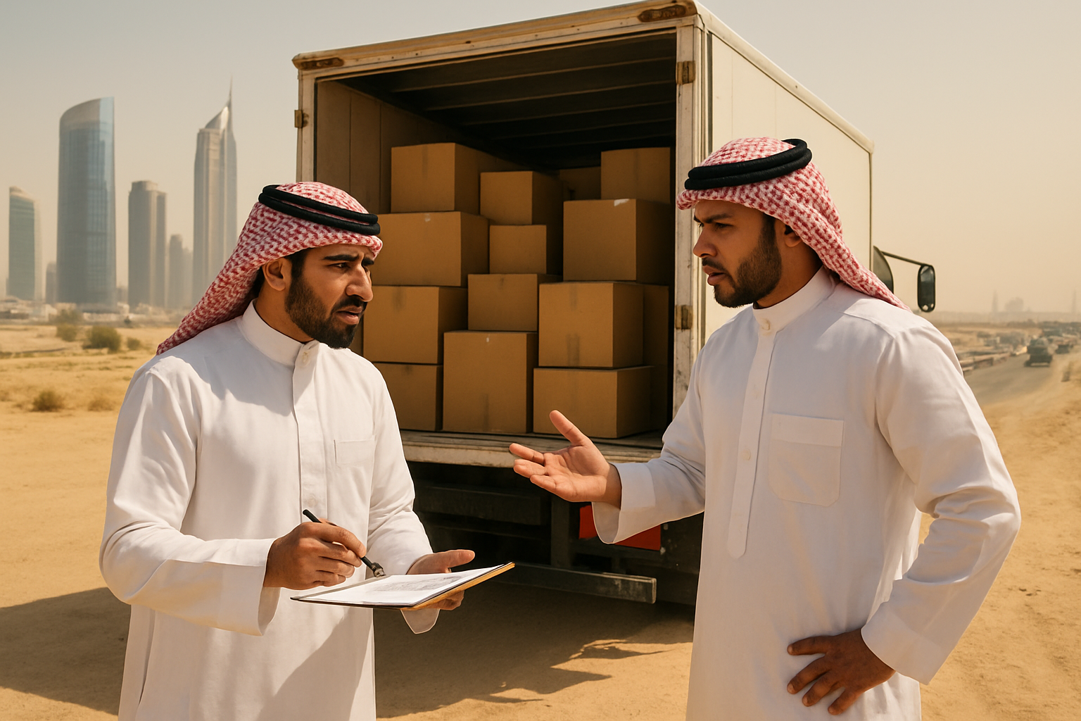 Create a realistic image of Middle Eastern male delivery workers in traditional Gulf attire discussing logistics challenges around a delivery truck loaded with packages, set against a backdrop of modern Gulf city skyline with glass towers and desert landscape, showing intense desert heat with bright sunlight and sandy conditions, conveying problem-solving determination as they coordinate operations while facing operational difficulties like traffic congestion visible in the distance, absolutely NO text should be in the scene.