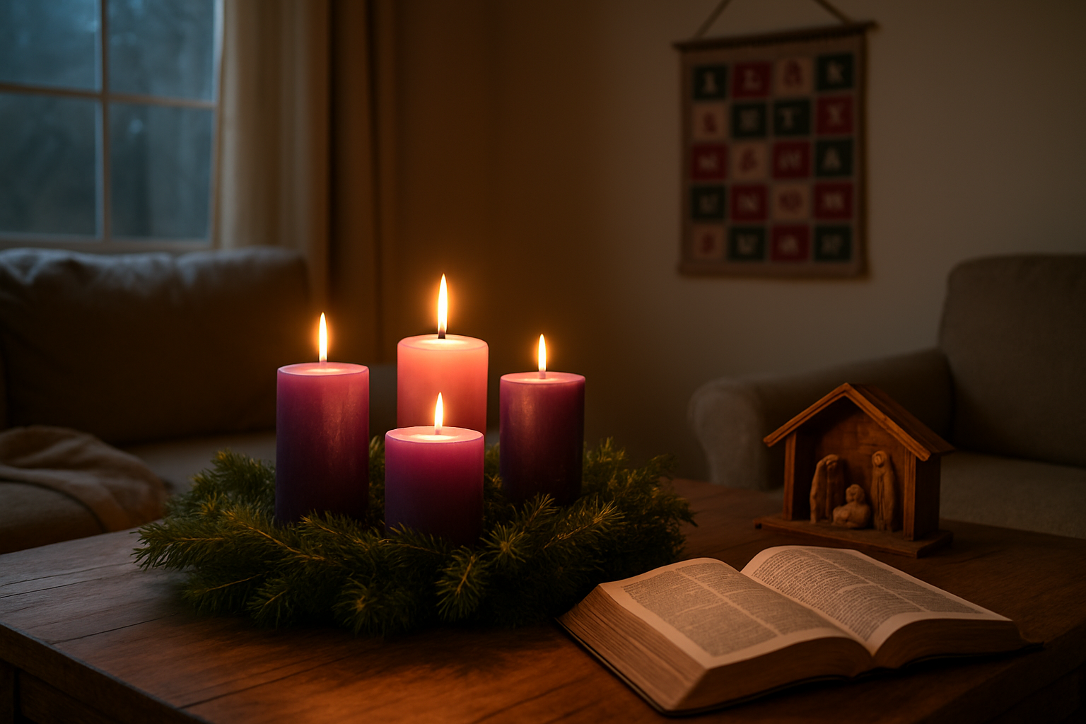 Create a realistic image of a cozy living room scene with an advent wreath centerpiece on a wooden table, featuring four candles (three purple, one pink) surrounded by evergreen branches, with one candle lit creating a warm glow, a family Bible open beside it, a small wooden nativity scene, and advent calendar hanging on the wall in the background, soft evening lighting streaming through a window, creating a peaceful and contemplative Christmas atmosphere, absolutely NO text should be in the scene.