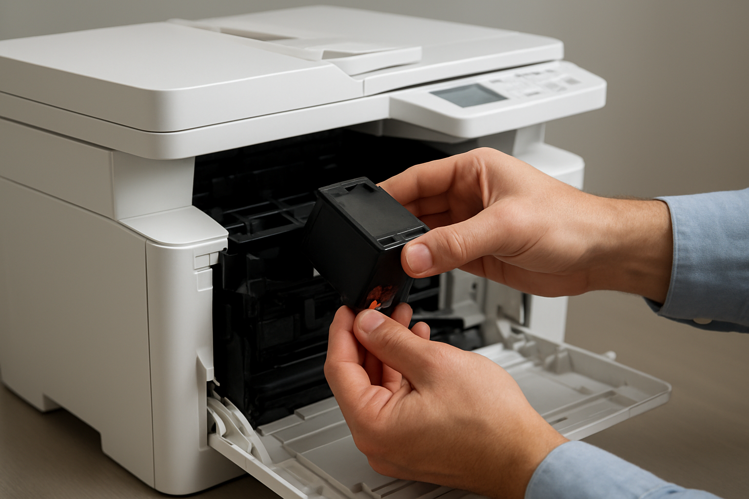 Create a realistic image of hands installing a new black ink cartridge into an HP MFP 139fnw multifunction printer, with the printer's front cover open showing the cartridge compartment, the new cartridge being carefully inserted into its slot, clean office environment with neutral lighting, close-up view focusing on the installation process, professional and instructional mood, absolutely NO text should be in the scene.