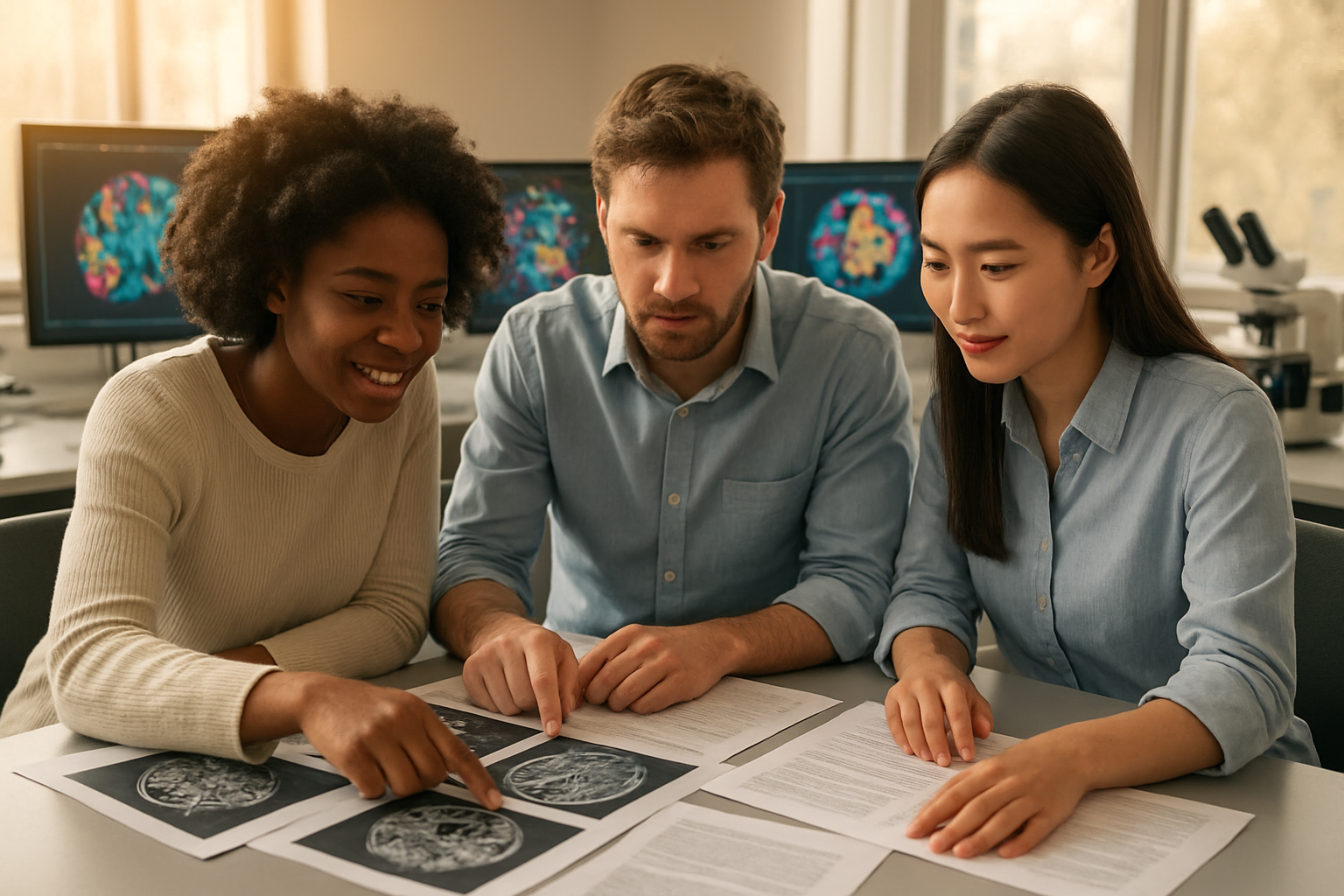 Create a realistic image of a diverse group of people including a black female, white male, and Asian female looking at scientific brain scans and research papers on a modern laboratory table, with colorful brain imaging displays on computer monitors in the background showing neural pathways, warm natural lighting streaming through windows creating an optimistic and educational atmosphere, with microscopes and scientific equipment visible on nearby tables, the people appearing engaged and curious as they study the research materials, absolutely NO text should be in the scene.