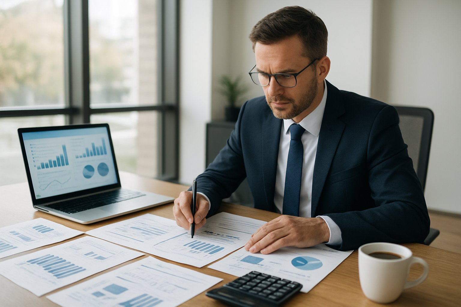 Create a realistic image of a professional white male investor in his 40s sitting at a modern desk reviewing multiple property documents, financial charts, and performance reports spread across the surface, with a laptop displaying property analytics graphs, calculator nearby, and a coffee cup, set in a well-lit contemporary office with large windows showing daylight, conveying a focused and analytical business atmosphere, absolutely NO text should be in the scene.