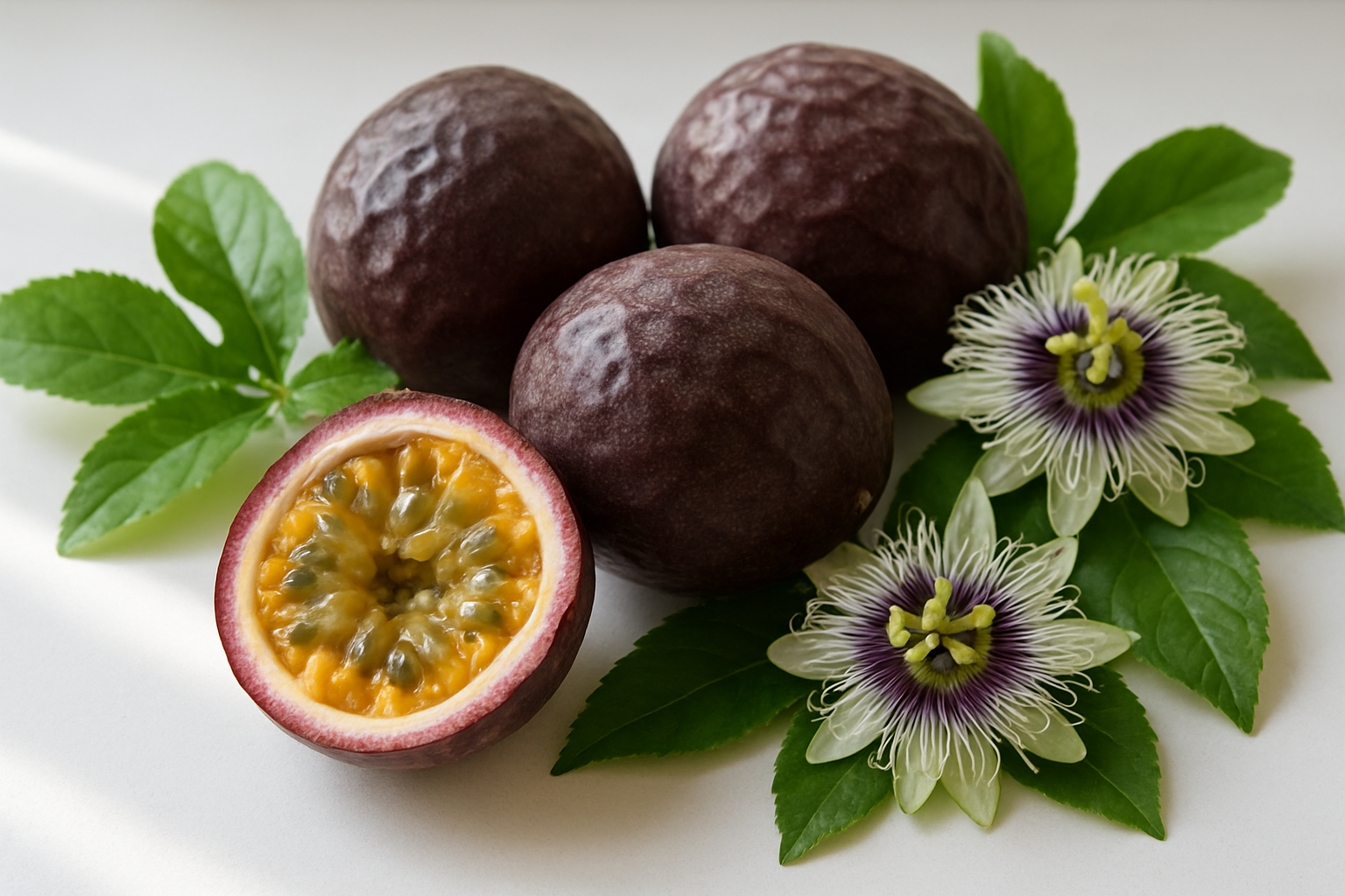 Create a realistic image of fresh passion fruits displayed on a clean white surface, showing both whole purple wrinkled passion fruits and one cut in half revealing the golden pulp with black seeds inside, surrounded by green passion fruit leaves and a few passion fruit flowers, with soft natural lighting casting gentle shadows, shot from a slightly elevated angle to showcase the fruit's distinctive exterior texture and vibrant interior, absolutely NO text should be in the scene.